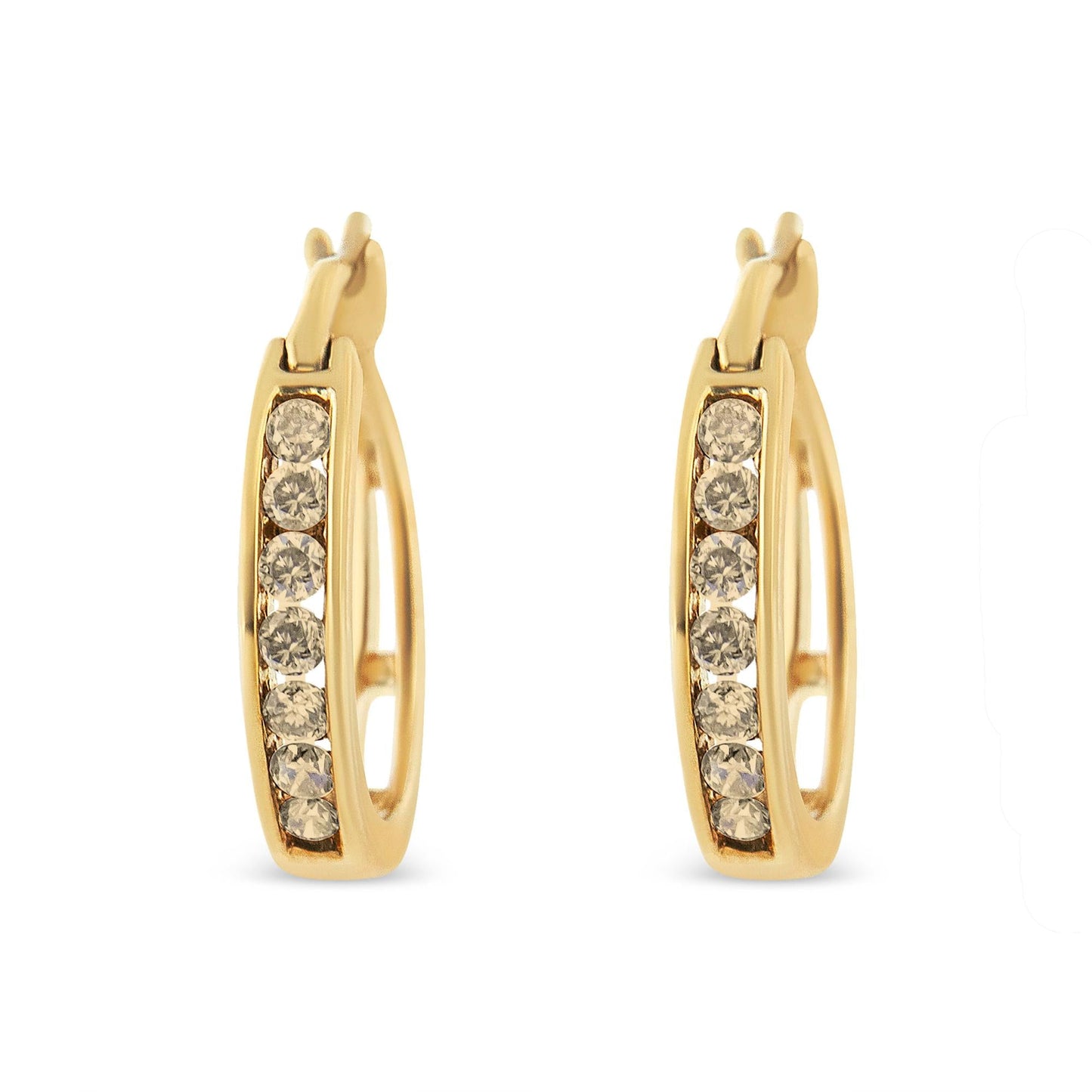 10K Yellow Gold Flashed .925 Sterling Silver 1/4 Cttw Channel Set Champagne Diamond Hoop Earring (K-L Color, I1-I2 Clarity)