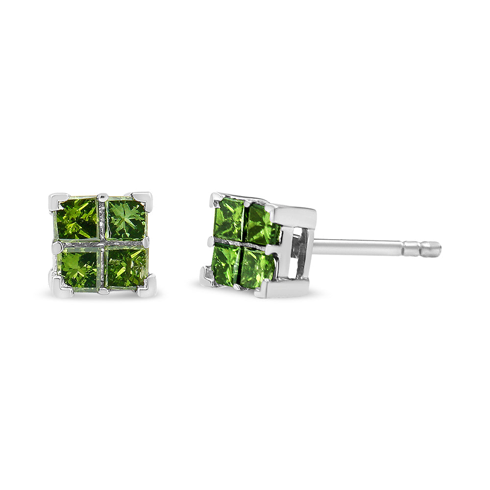 .925 Sterling Silver Treated Green Princess-cut Diamond 4 Stone Composite Quad Stud Earring (Green Color, I1-I2 Clarity)