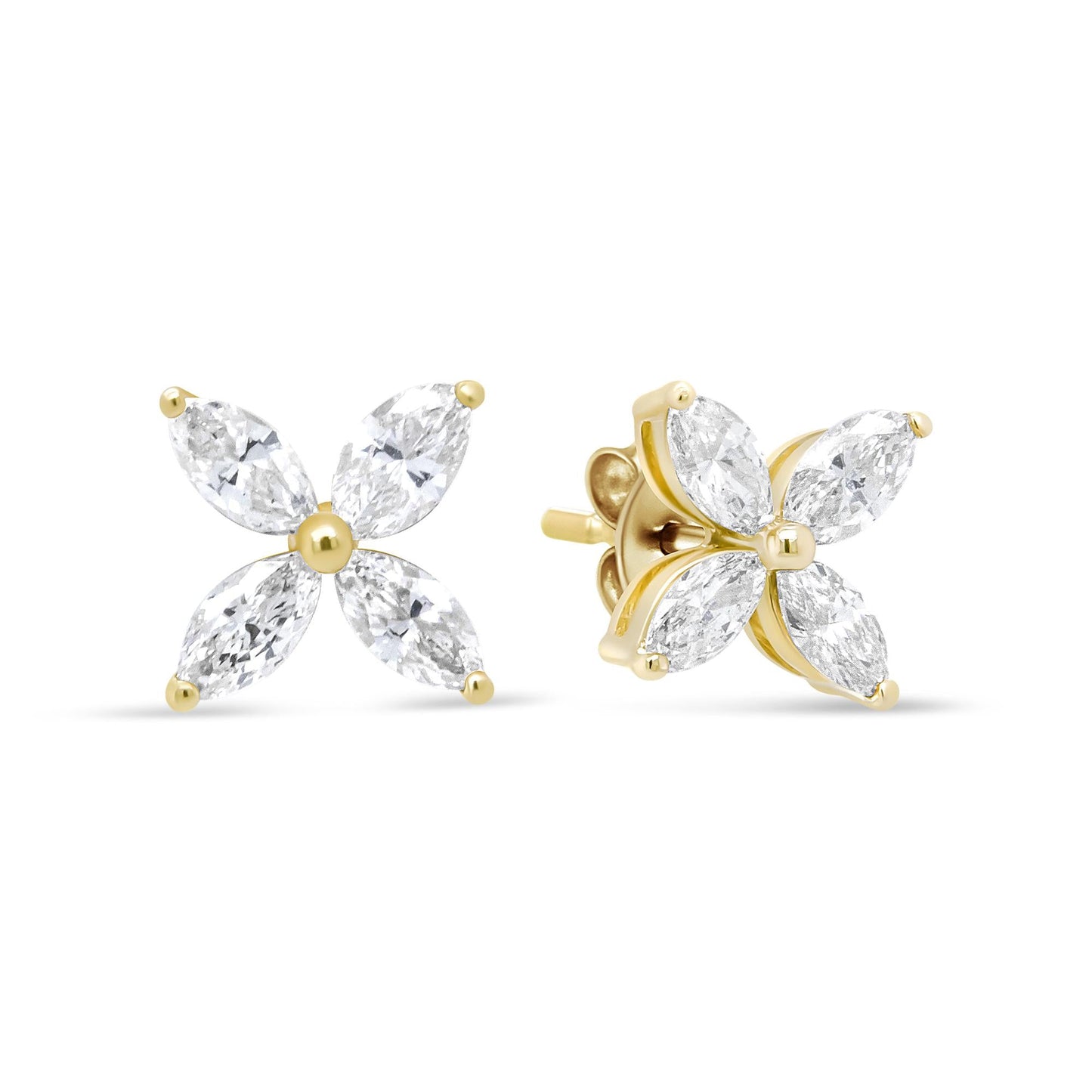 14K Gold Marquise Diamond 8 Stone Floral Leaf Stud Earrings (I-J Color, SI2-I1 Clarity)