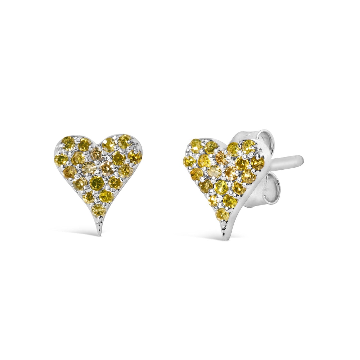 925 Sterling Silver 1/10 Cttw Yellow Diamond Heart Shaped Stud Earrings (Yellow Color, I3 Clarity)