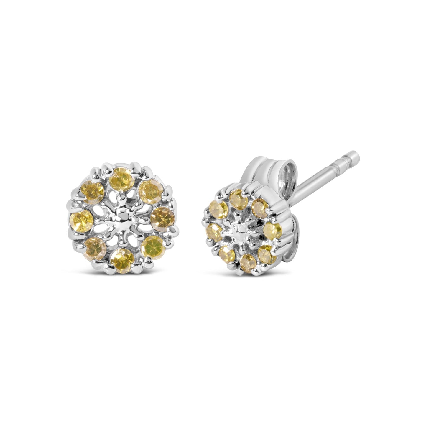 925 Sterling Silver 1/10 Cttw Yellow Diamond Floral Cluster Stud Earrings (Yellow Color, I3 Clarity)