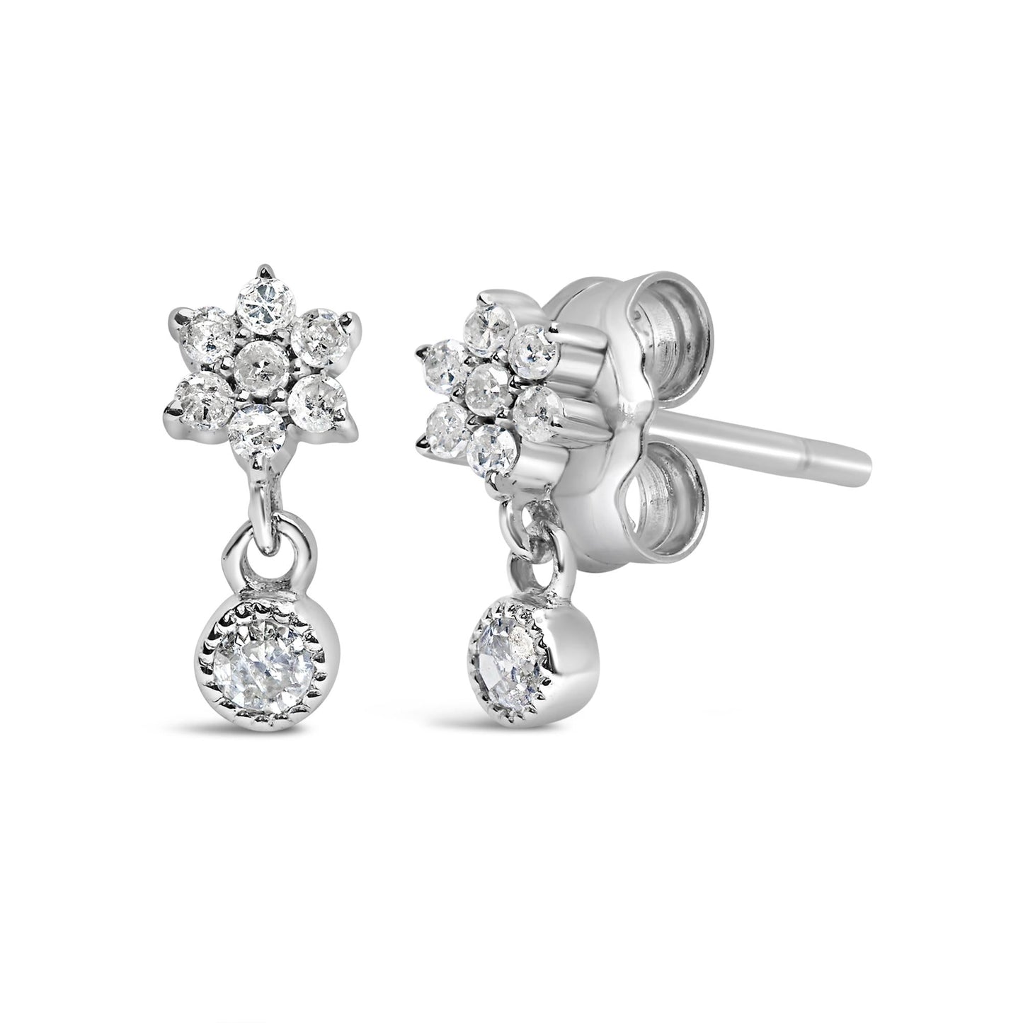 .925 Sterling Silver 1/10 Cttw Diamond Star Stud with Bezel Drop Dangle Earrings (I-J Color, I2-I3 Clarity)