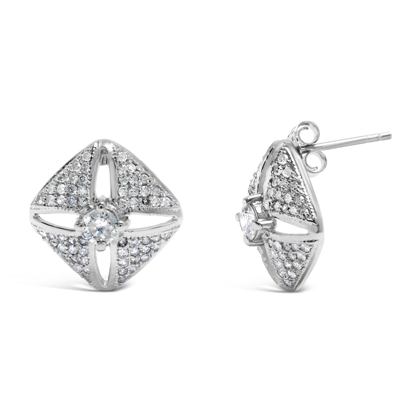 .925 Sterling Silver 1.0 Cttw Diamond Studded Rhombus Stud Earring (H-I Color, I2-I3 Clarity)