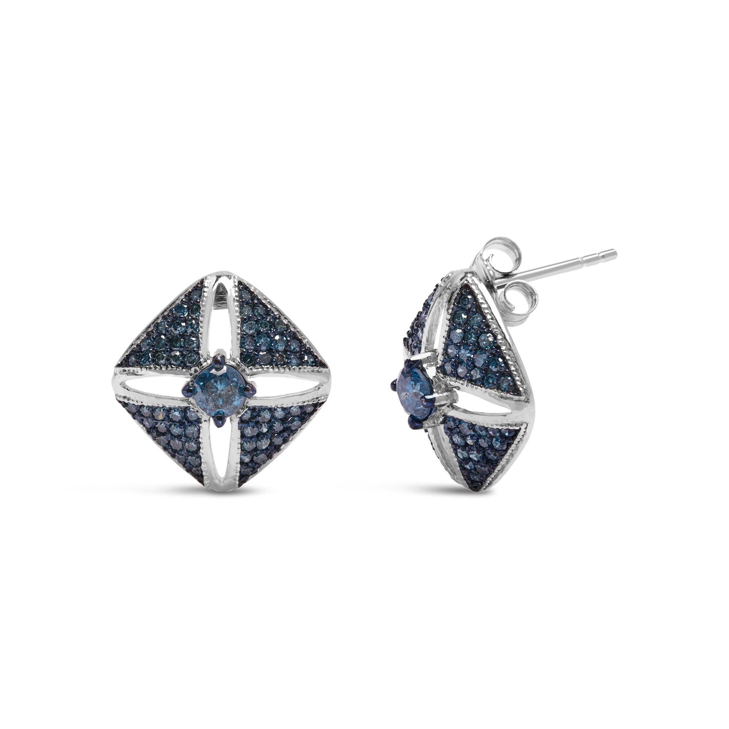 .925 Sterling Silver 1.0 Cttw Blue Diamond Studded Rhombus Stud Earring (Blue Color, I2-I3 Clarity)