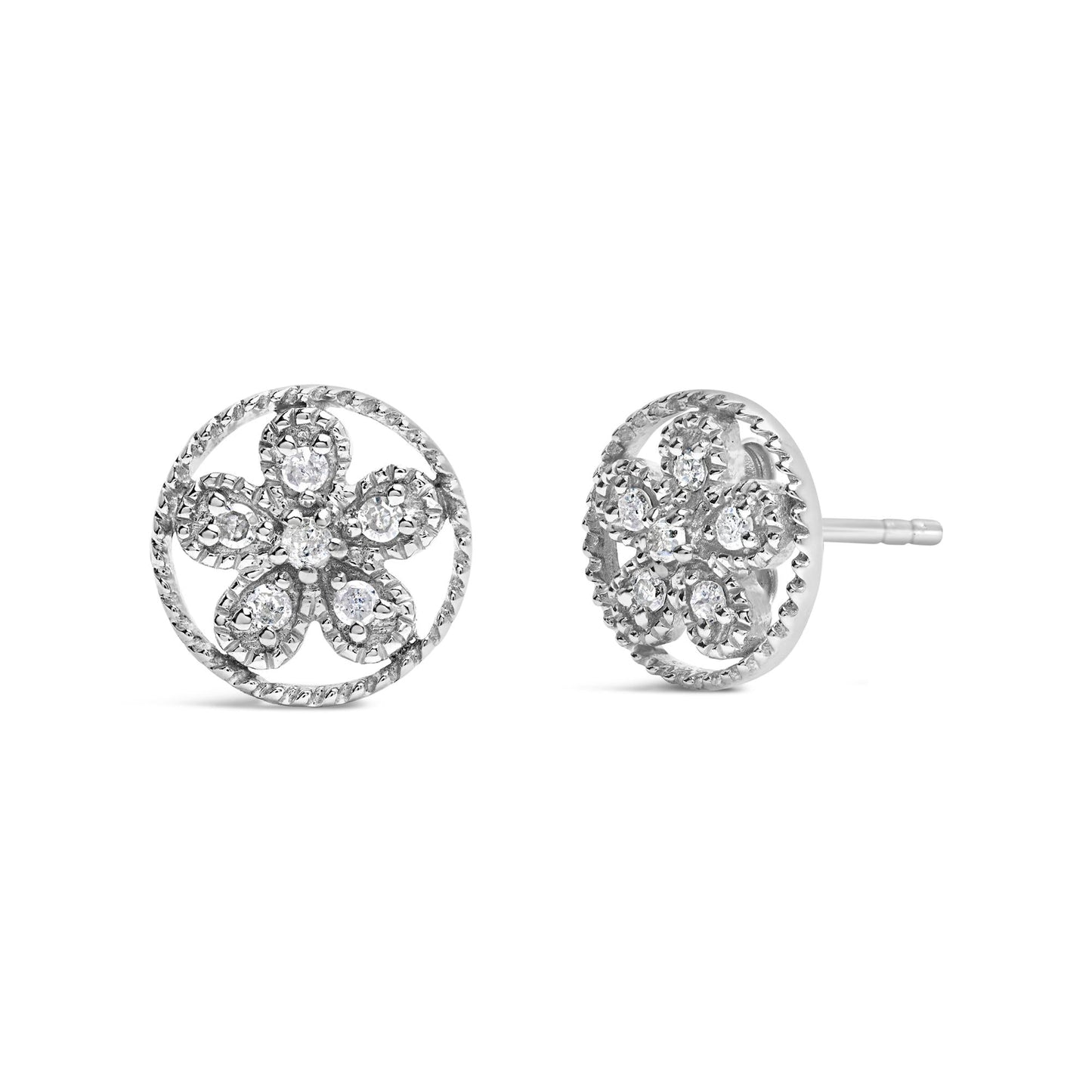 .925 Sterling Silver Diamond Accent Star and Wheel Milgrain Style Stud Earrings (I-J Color, I2-I3 Clarity)