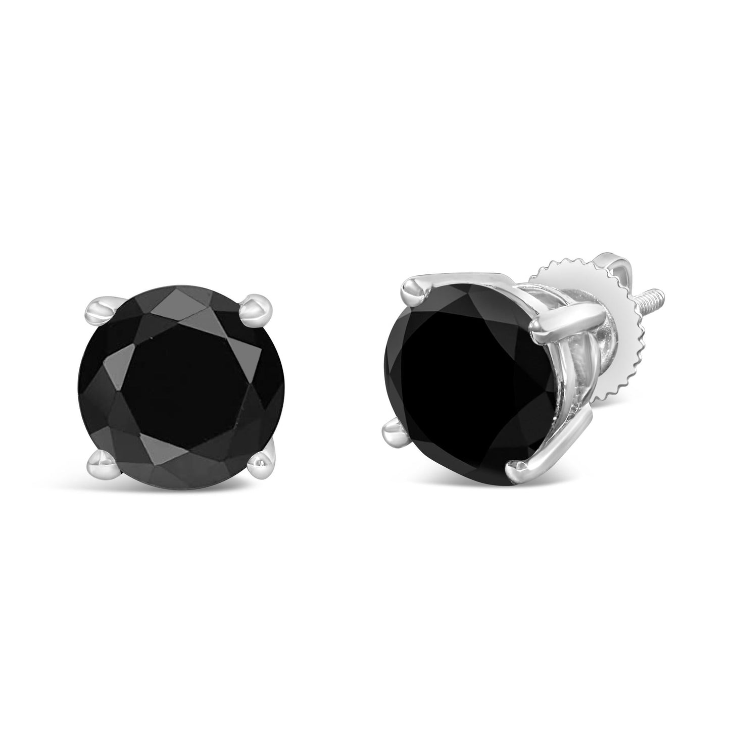 14K White Gold Round Brilliant-Cut Black Diamond Classic 4-Prong Stud Earrings with Screw Backs (Fancy Color-Enhanced, I2-I3 Clarity)