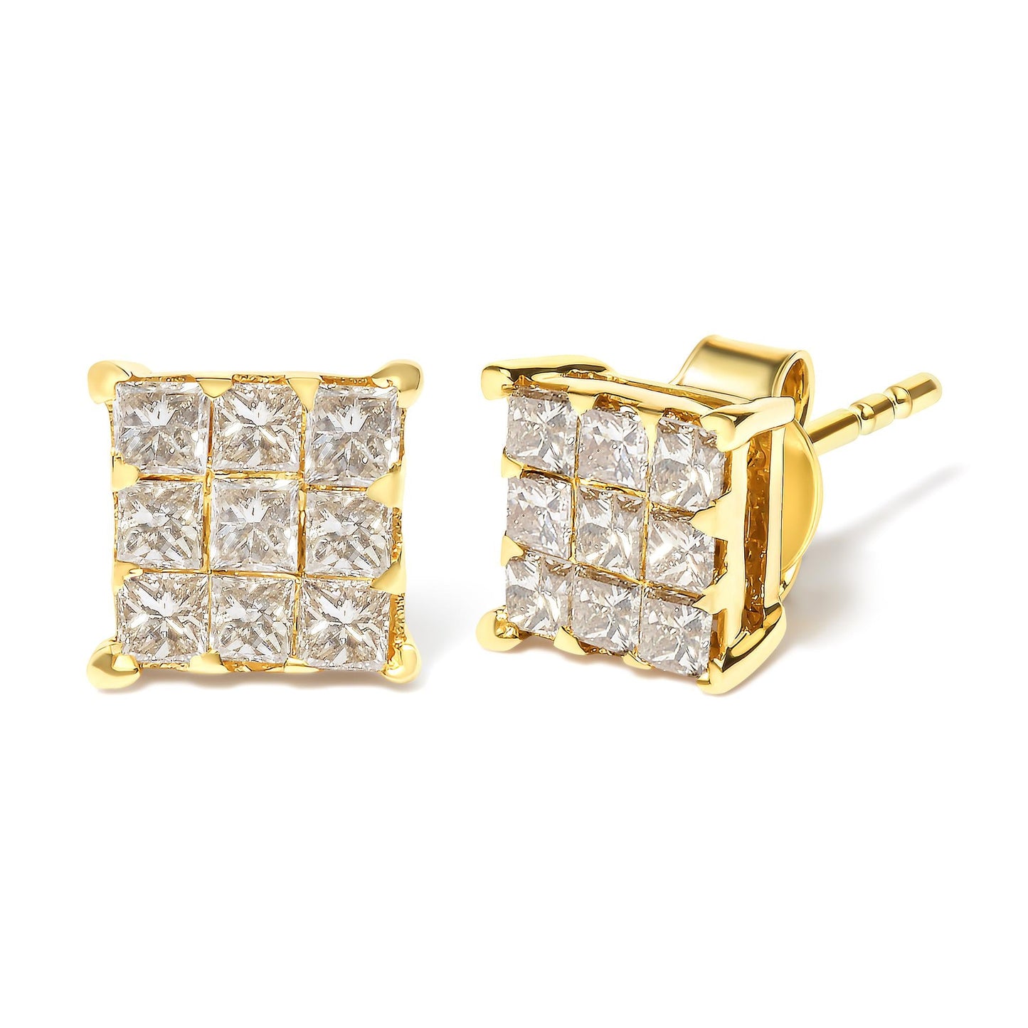 14K Yellow Gold 3/4 Cttw Invisible Set Princess-Cut Diamond 9 Stone Square Stud Earrings (J-K Color, SI2-I1 Clarity)