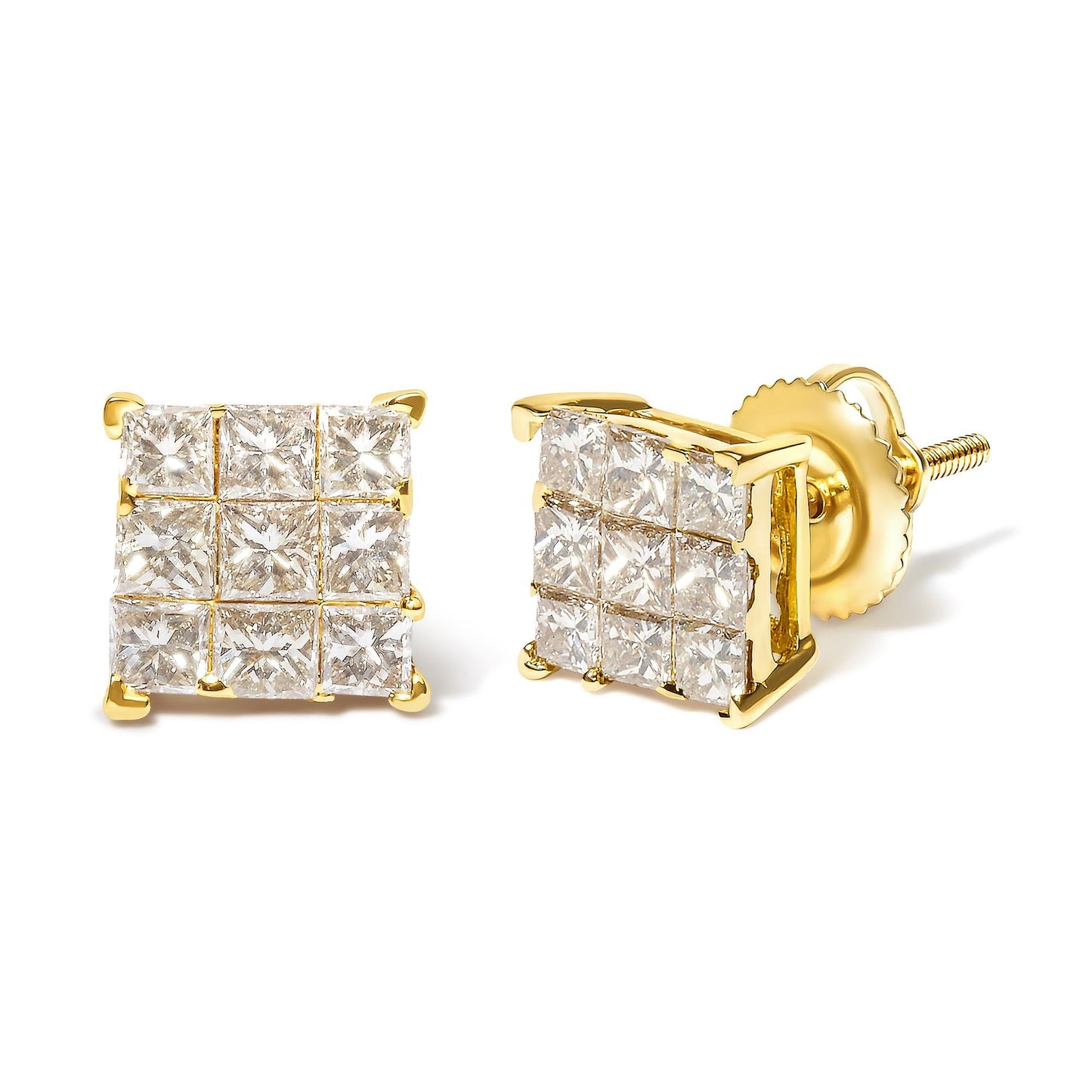 14K Yellow Gold 1.0 Cttw Invisible Set Princess-Cut Diamond 9 Stone Square Stud Earrings (J-K Color, SI2-I1 Clarity)