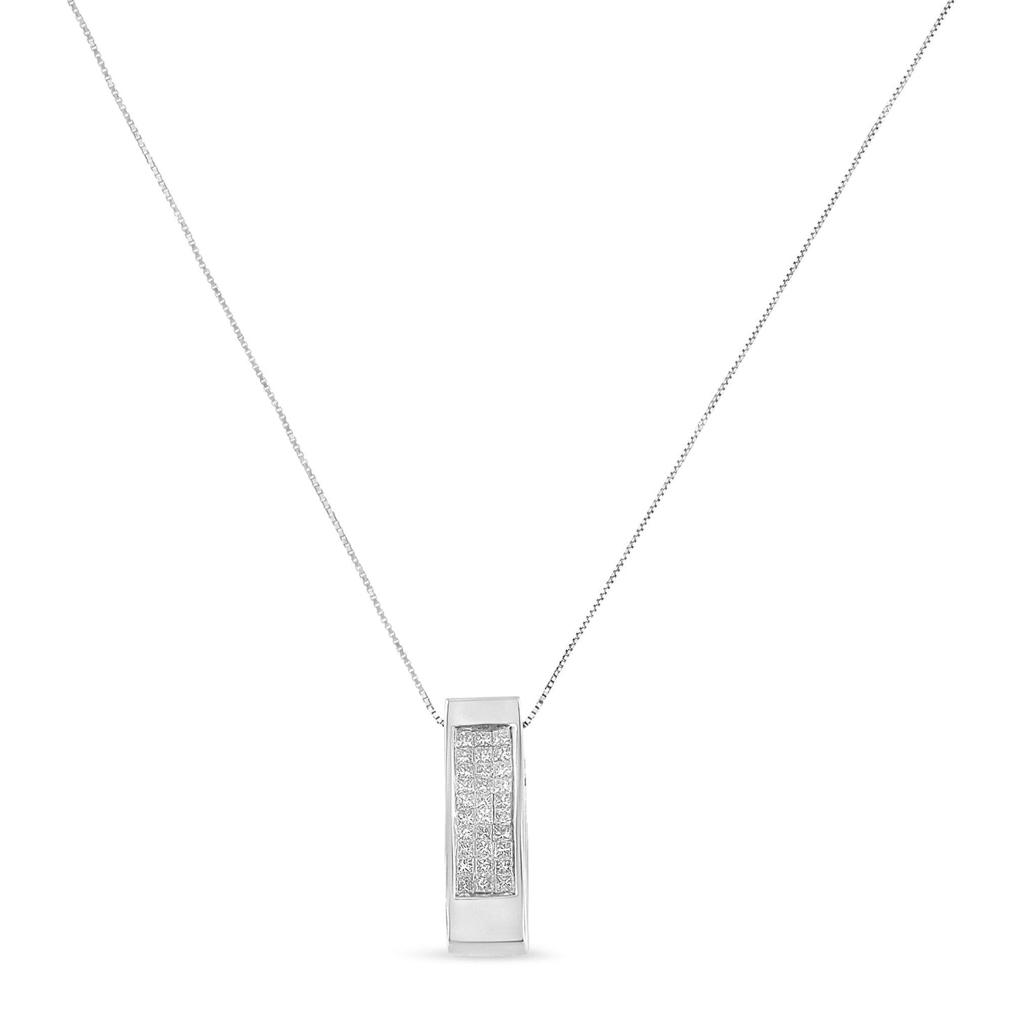 14K Gold 1/2 Cttw Invisible Set Princess Cut Diamond Vertical Bar Block Pendant 18" Necklace (H-I Color, SI2-I1 Clarity)