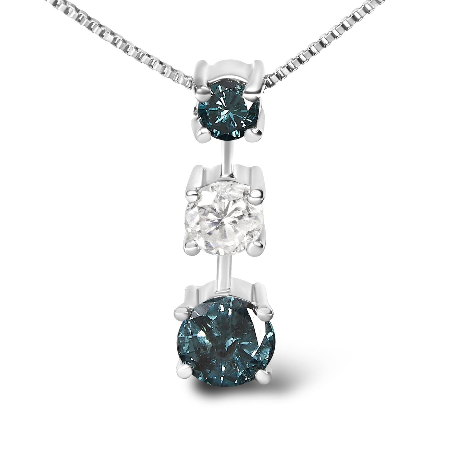 14K White Gold 1 1/2 Cttw Treated Blue and White Diamond 3-Stone 18" Pendant Necklace (Blue/H-I Color, I1-I2 Clarity)