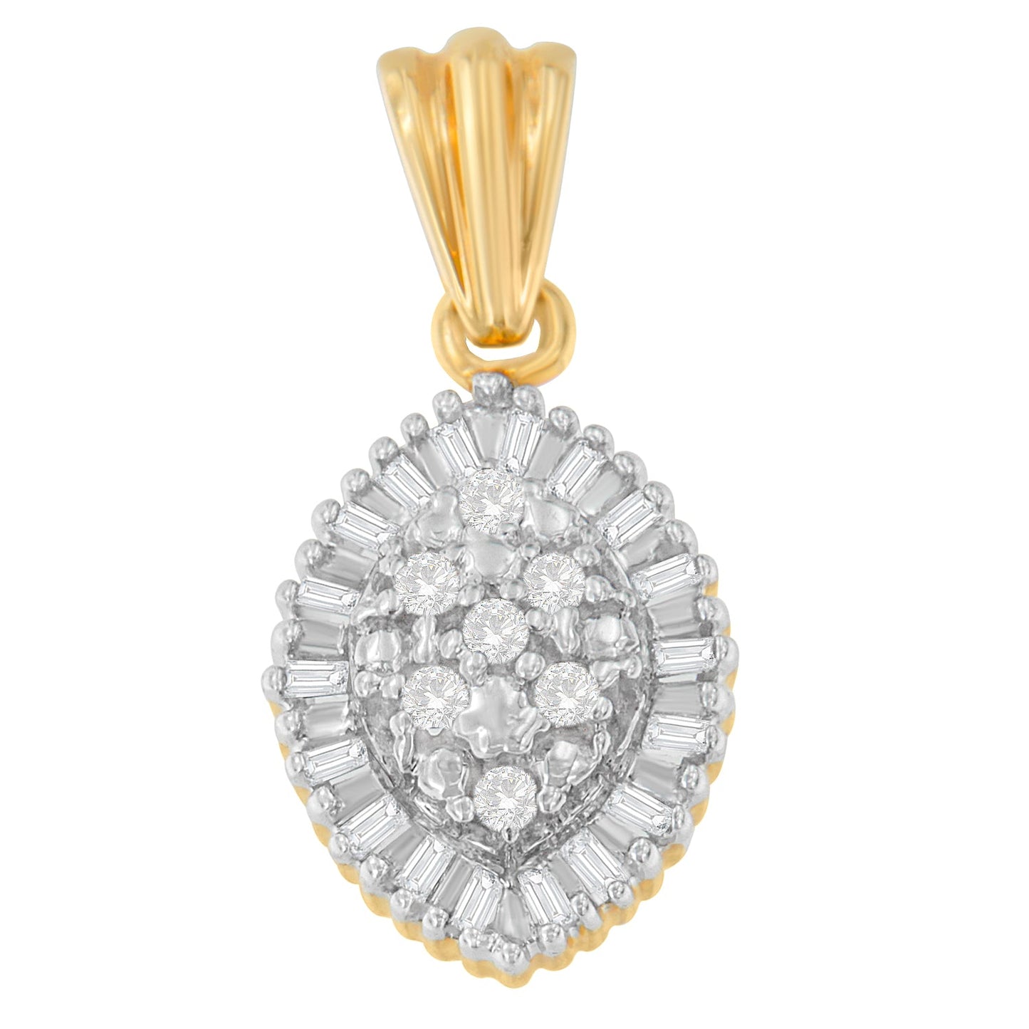 10K Yellow Gold 1/4 cttw Round and Baguette Cut Diamond Oval Burst Halo Pendant Necklace (I-J, I1-I2)