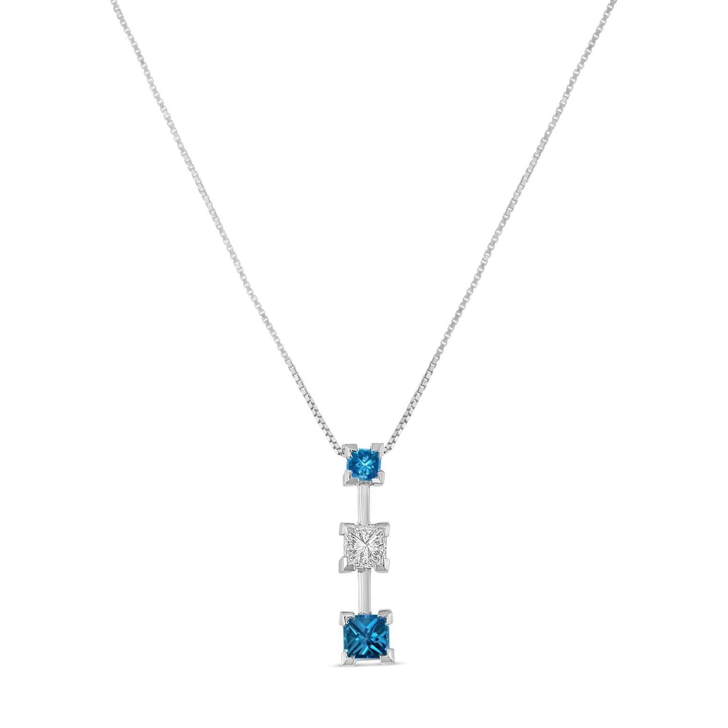 14K White Gold 7/8 cttw Treated Blue and White Princess Cut Diamond Pendant Necklace (H-I, SI2-I1)