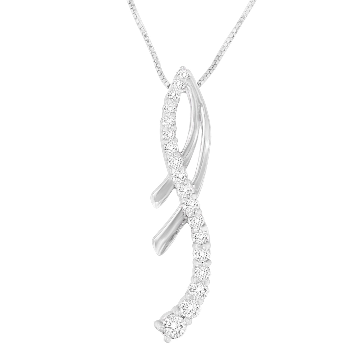 14K White Gold Round Cut Diamond Double-Loop Ribbon Pendant Necklace (0.5 cttw, I-J Color, I2-I3 Clarity)