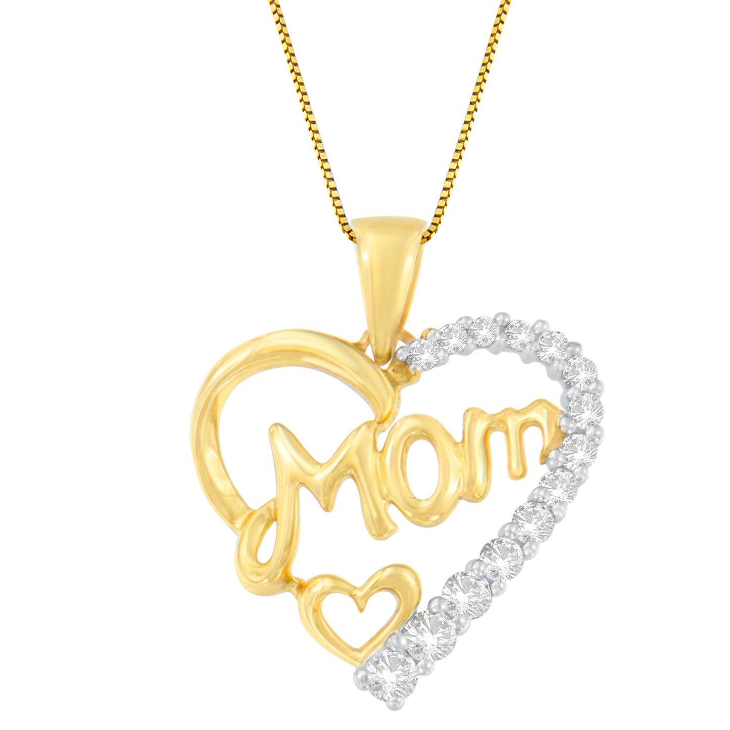 10K Yellow Gold Round Cut Diamond Mom Heart Pendant Necklace (0.25 cttw, H-I Color, I1-I2 Clarity)