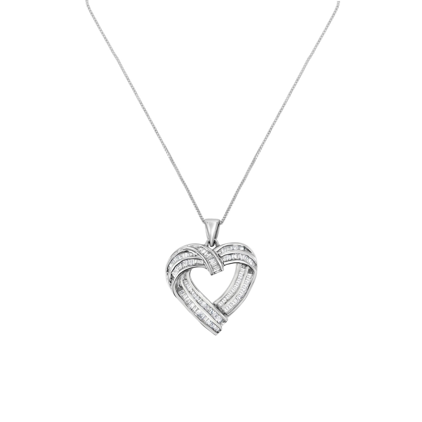 Sterling Silver 7/8 cttw Baguette Diamond Heart Pendant Necklace (I-J, I2-I3)