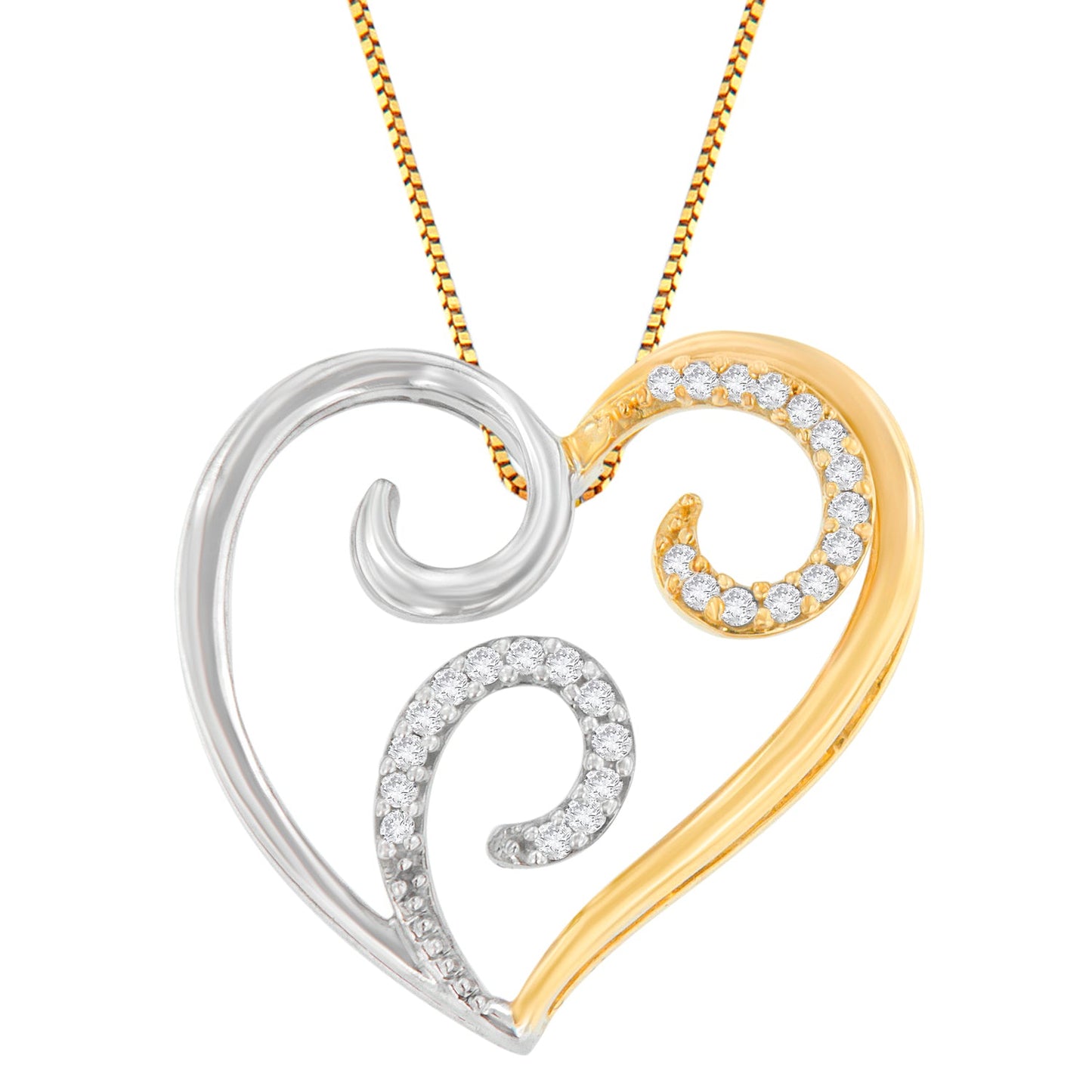 10K Two-Toned Gold 1/10 cttw Round Cut Diamond Swirl Heart Accent Pendant Necklace (H-I, I1-I2)