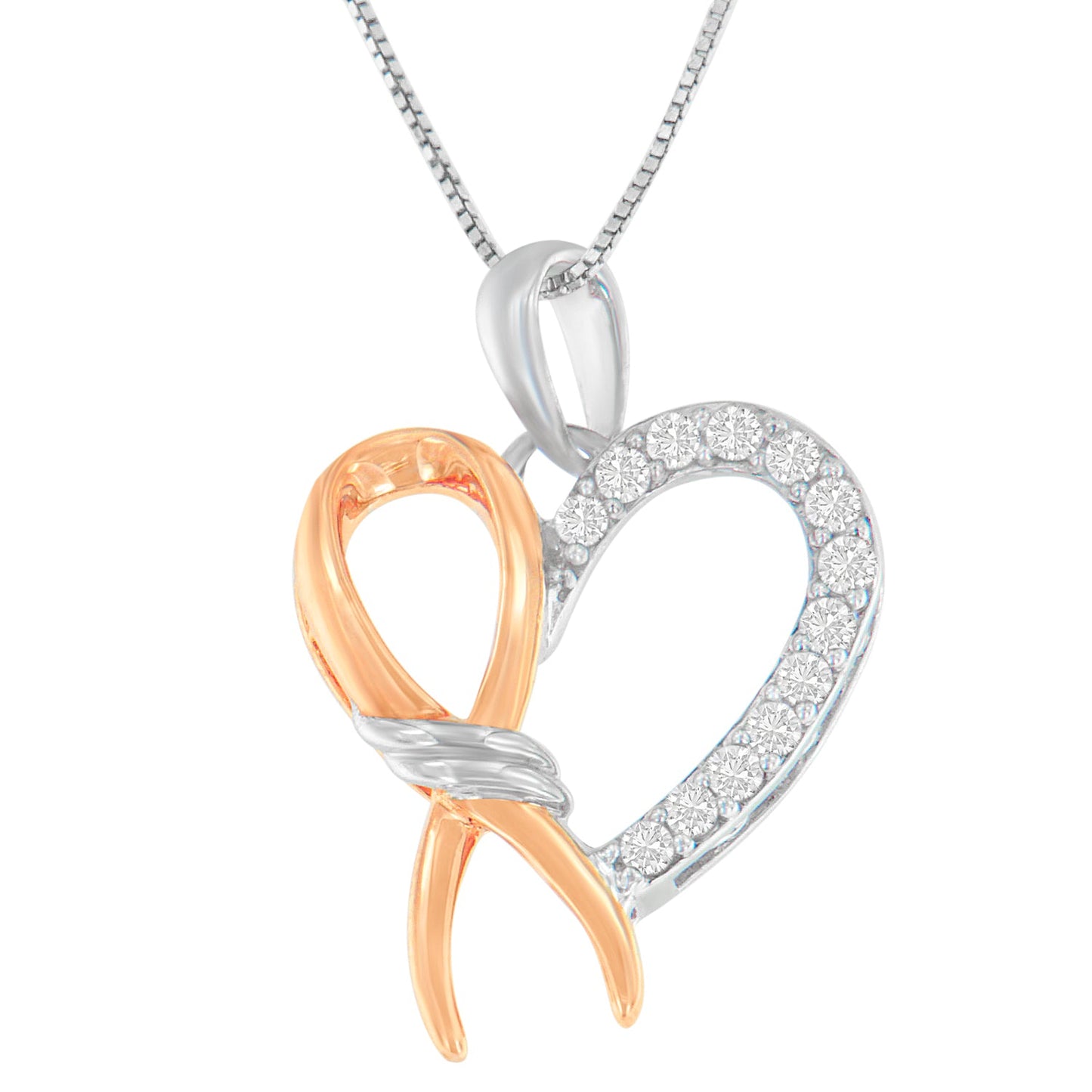 Two-Toned .925 Sterling Silver 1/5 cttw Round Cut Diamond Ribbon Heart Accent Pendant Necklace (H-I, I2-I3)