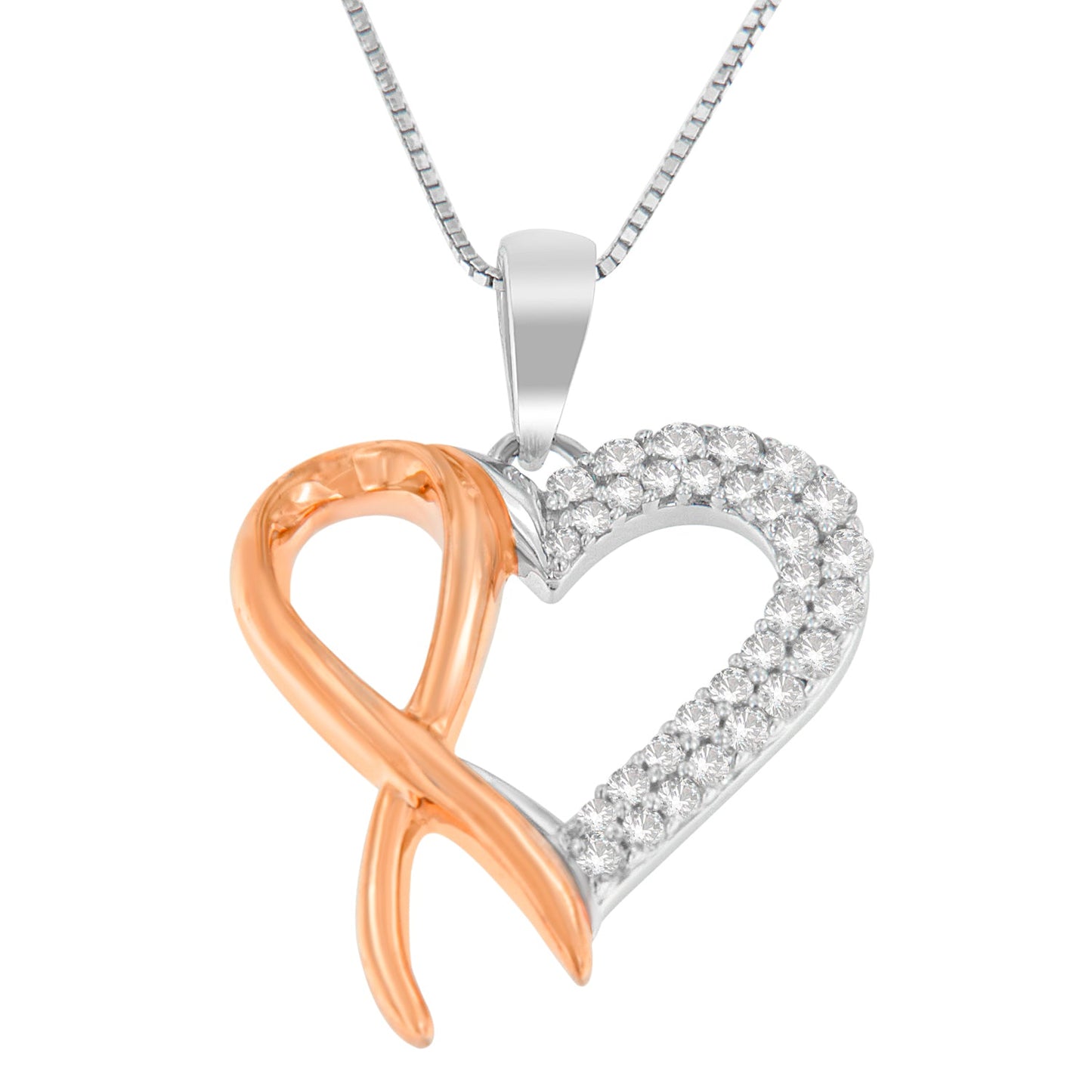 Two-Tone Sterling Silver Round Cut Diamond Ribbon Heart Pendant Necklace (0.25 cttw, H-I Color, I2-I3 Clarity)