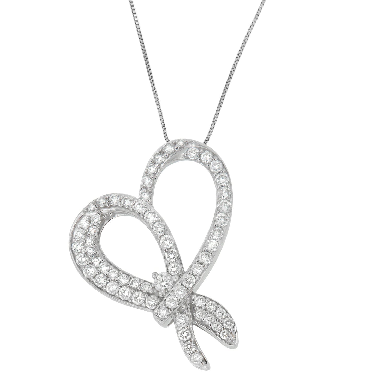 10K White Gold 1 cttw Round Cut Diamond Heart and Bow Pendant Necklace (G-H, SI1-SI2)