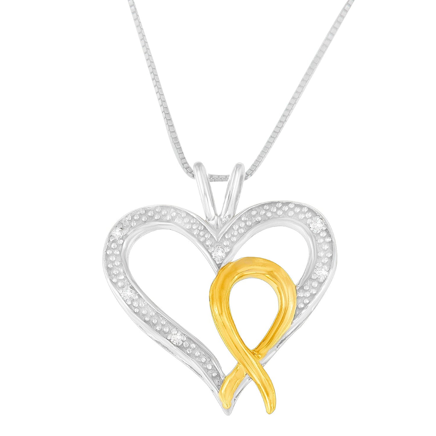 .925 Sterling Silver Two Toned 1/25 cttw Diamond Heart-Ribbon Pendant Necklace (I-J, I2-I3)