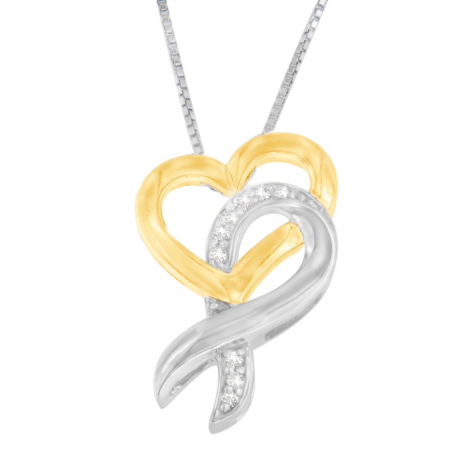 10K Yellow Gold and .925 Sterling Silver 1/20 cttw Diamond Ribbon-Heart Pendant Necklace (H-I, I1-I2)