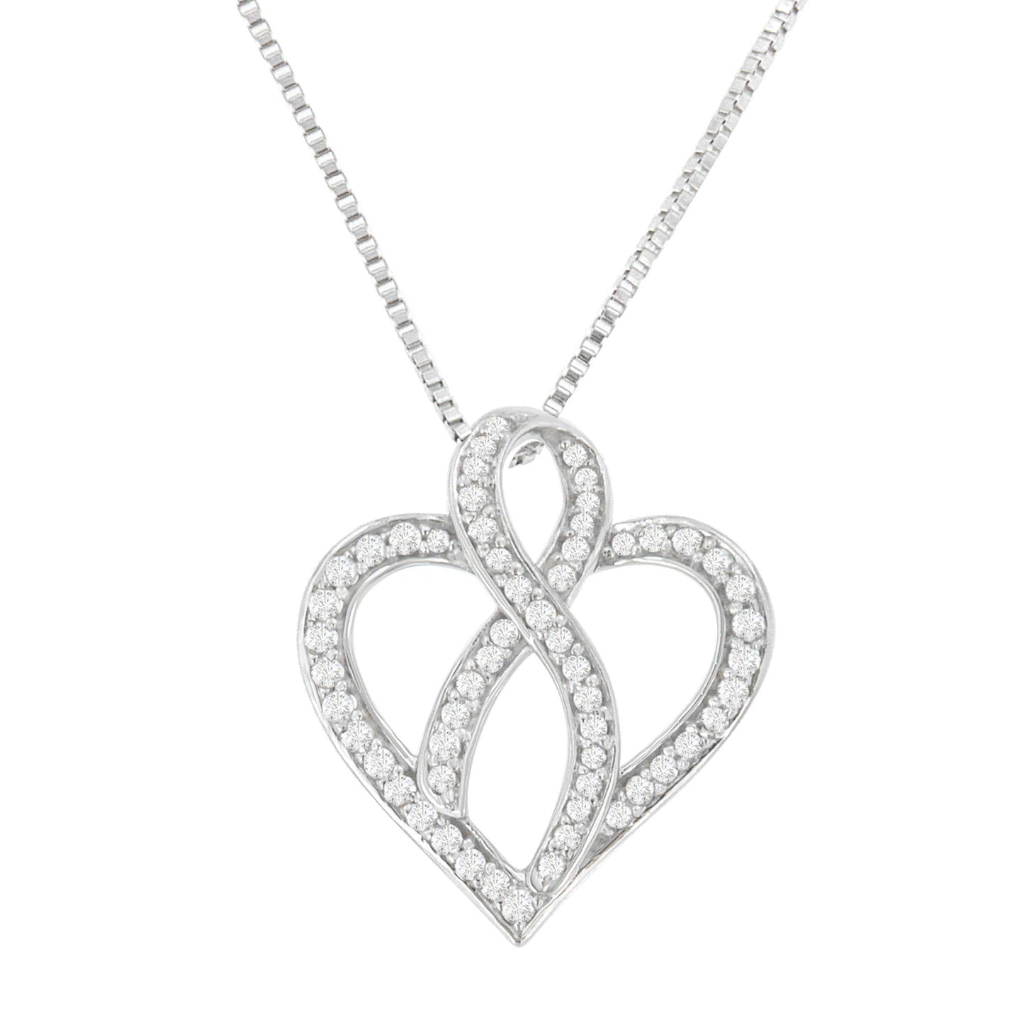 Sterling Silver Round Cut Diamond Ribbon-Embellished Heart Pendant Necklace (1/4 cttw, H-I Color, SI2-I1 Clarity)