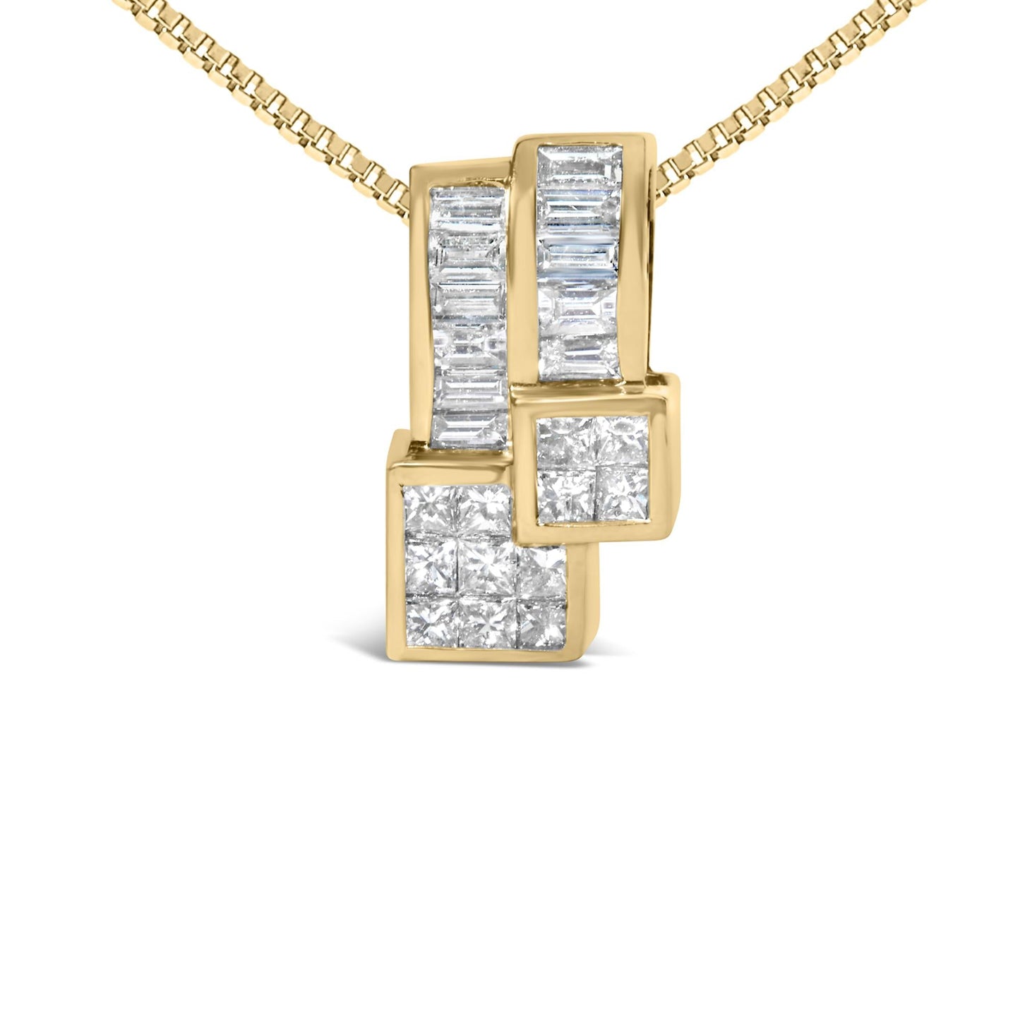 14K Yellow Gold 1 1/2 cttw Princess and Baguette Cut Diamond Geometric Pendant Necklace (H-I Color, VS1-VS2 Clarity)