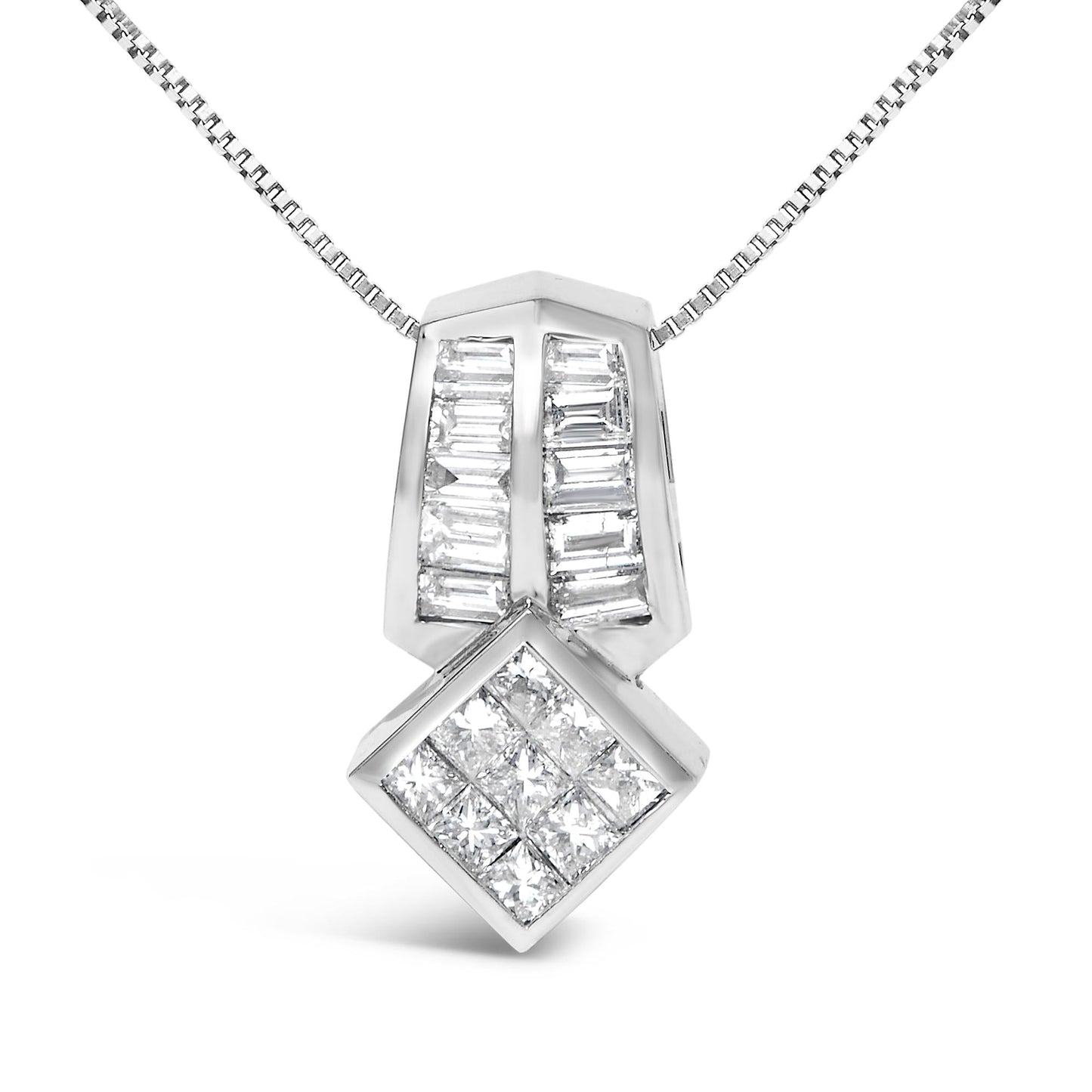 14K White Gold 1 1/2 Cttw Princess and Baguette Cut Diamond Multi-shape 18" Pendant Necklace (G-H Color, VS1-VS2 Clarity)