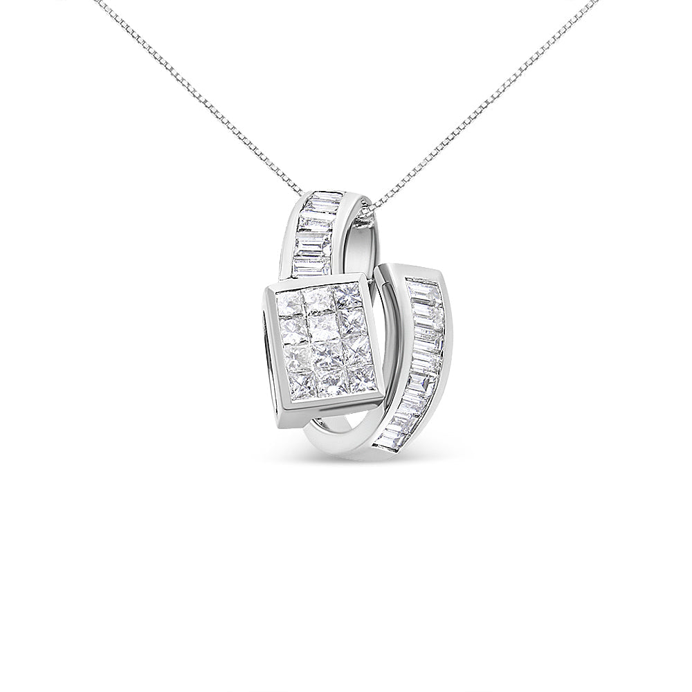 14K White Gold 2 cttw Princess and Baguette Cut Diamond Double Loop Pendant Necklace (G-H, VS1-VS2)