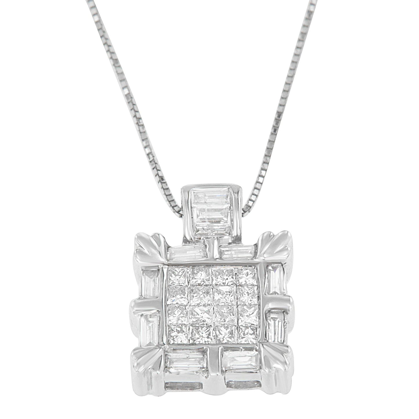 14K White Gold Baguette and Princess Cut Diamond Square Halo Pendant Necklace (3/4 cttw, H-I Color, SI2-I1 Clarity)