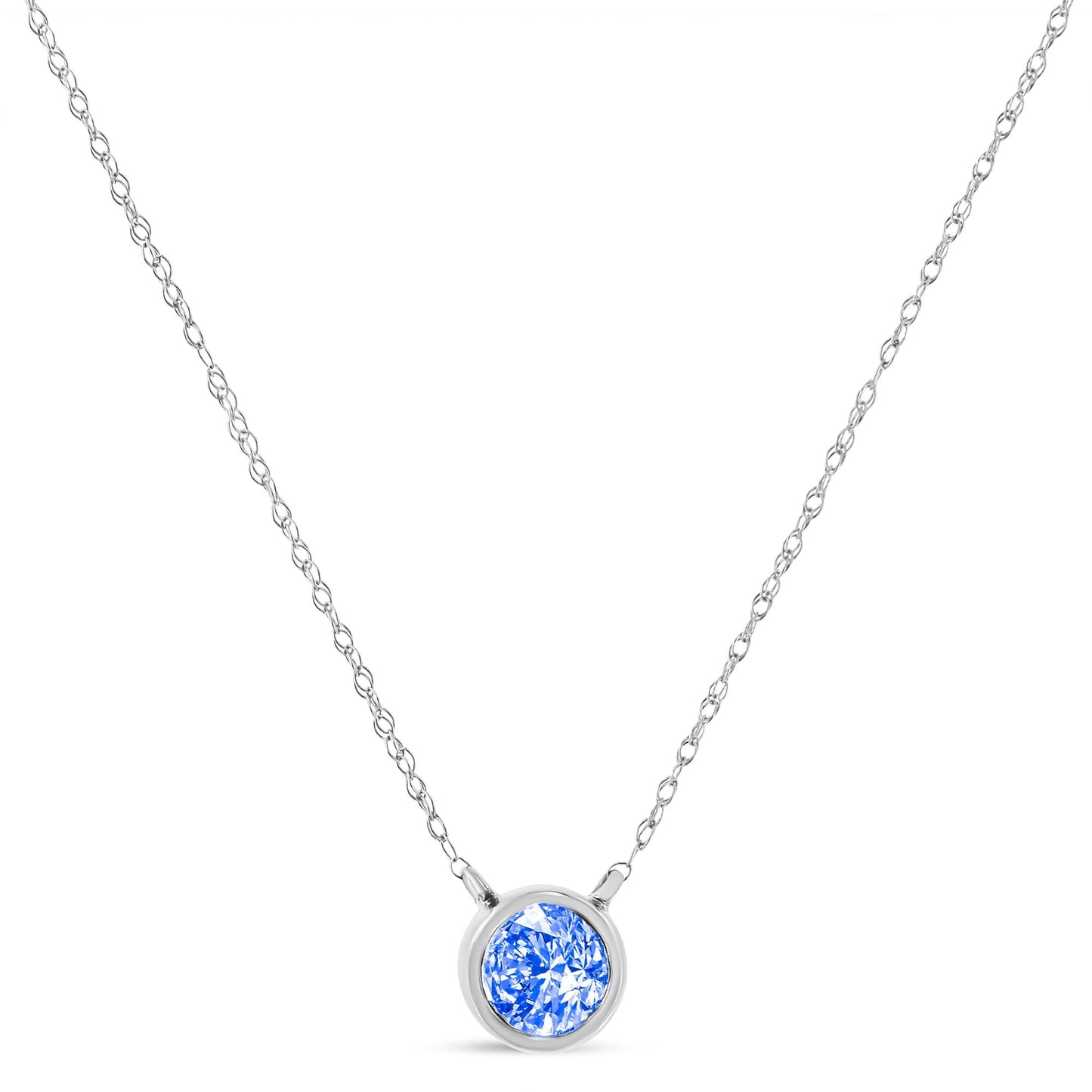 .925 Sterling Silver 1/10 Carat Blue Diamond Suspended Bezel-Set Solitaire 16"-18" Adjustable Pendant Necklace (Color Enhanced, I1-I2 Clarity)