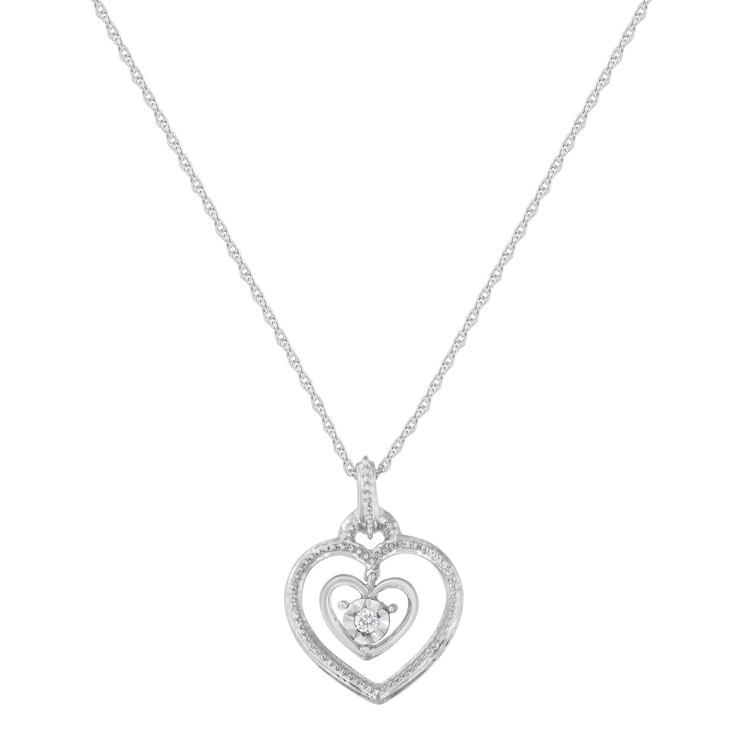 .925 Sterling Silver 1/25 cttw Rose Cut Diamond Double Heart Pendant Necklace (I-J, I2-I3)