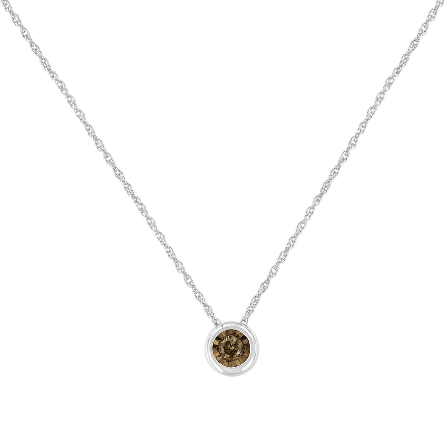 Two Toned .925 Sterling Silver 1/10 cttw Diamond Bezel Miracle Pendant Necklace (Champagne, I2)