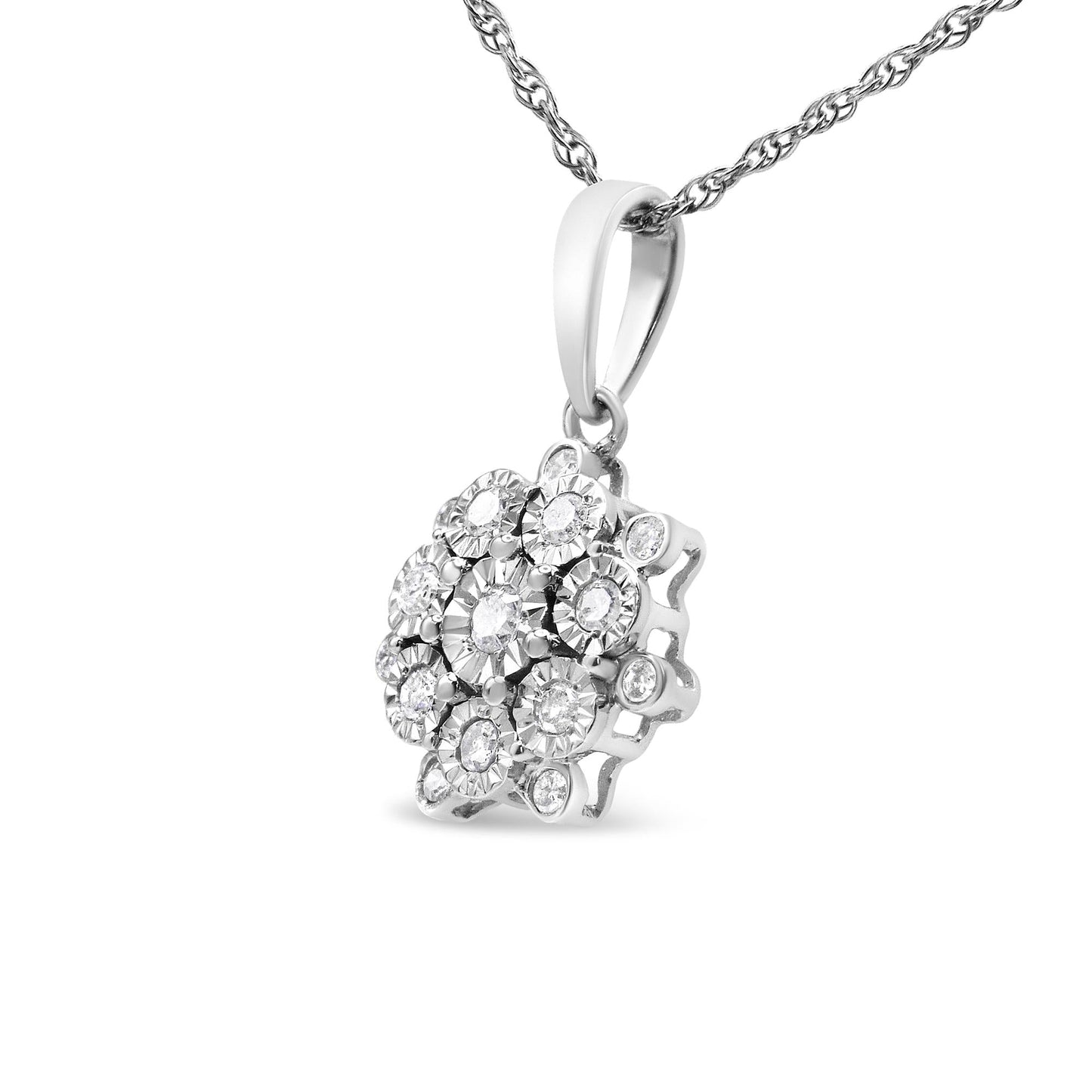 .925 Sterling Silver 1/4 cttw Diamond Floral Cluster Pendant Necklace (I-J, I2-I3)