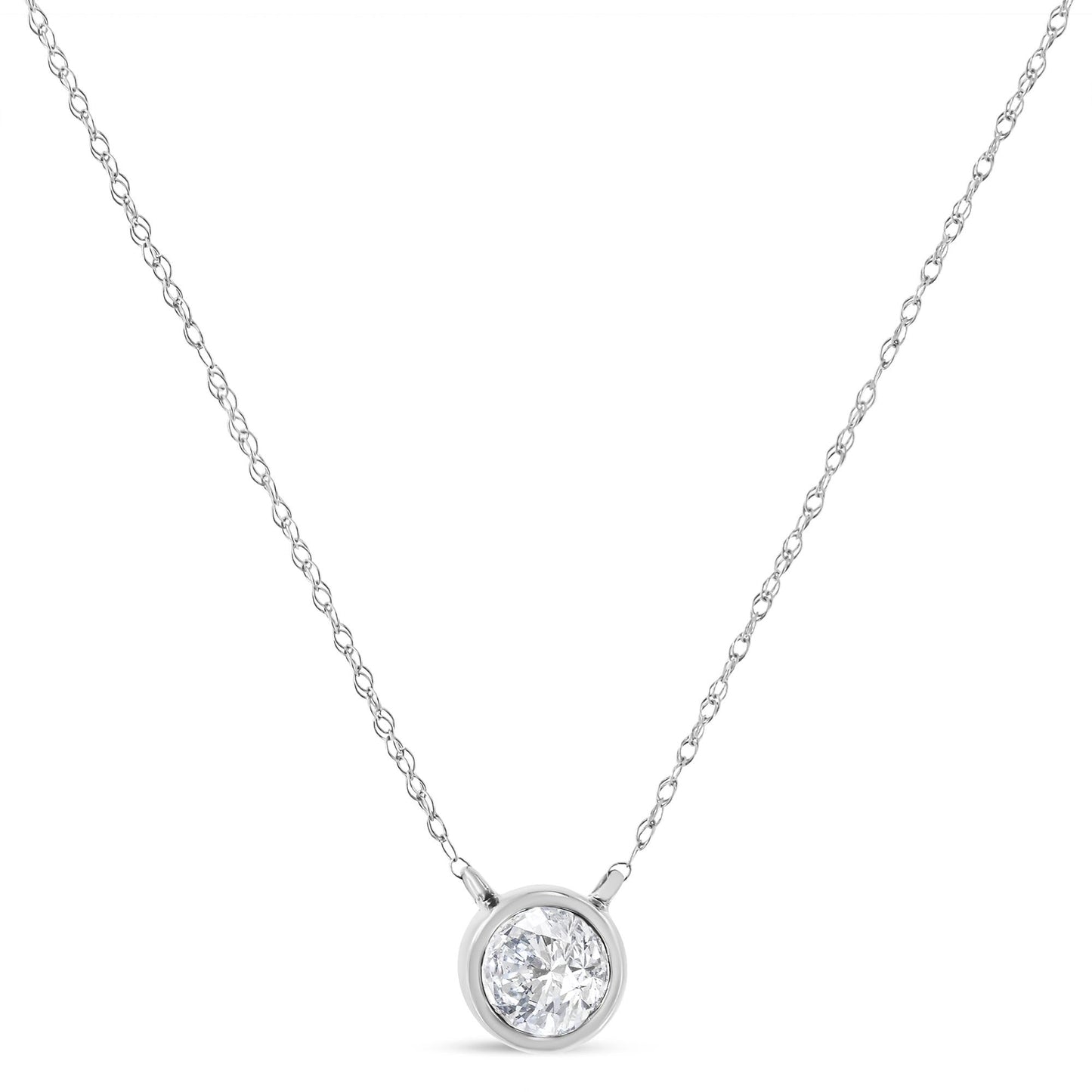 AGS Certified 10K Gold Bezel Set Round Diamond Solitaire 16-18" Adjustable Pendant Necklace (H-I Color, SI1-SI2 Clarity)