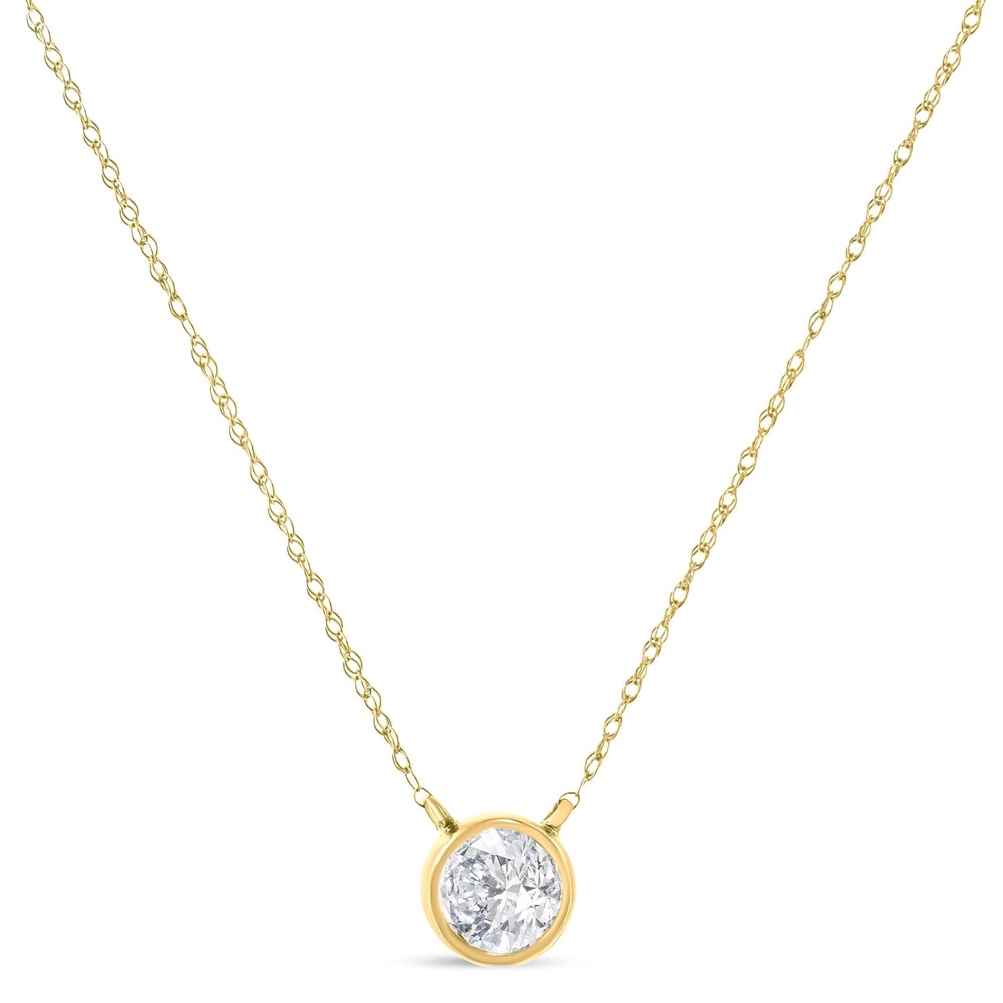 AGS Certified 10K Yellow Gold 1/3 Cttw Bezel Set Round Diamond Solitaire 16-18" Adjustable Pendant Necklace (I-J Color, SI2-I1 Clarity)