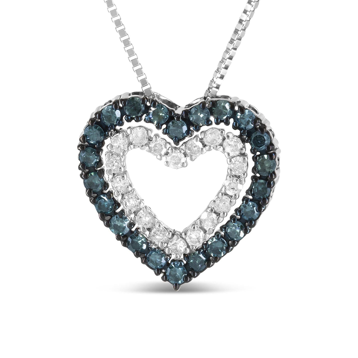 .925 Sterling Silver 1/2 Cttw Treated Blue and White Diamond Double Heart 18" Pendant Necklace (Blue/I-J Color, I2-I3 Clarity)