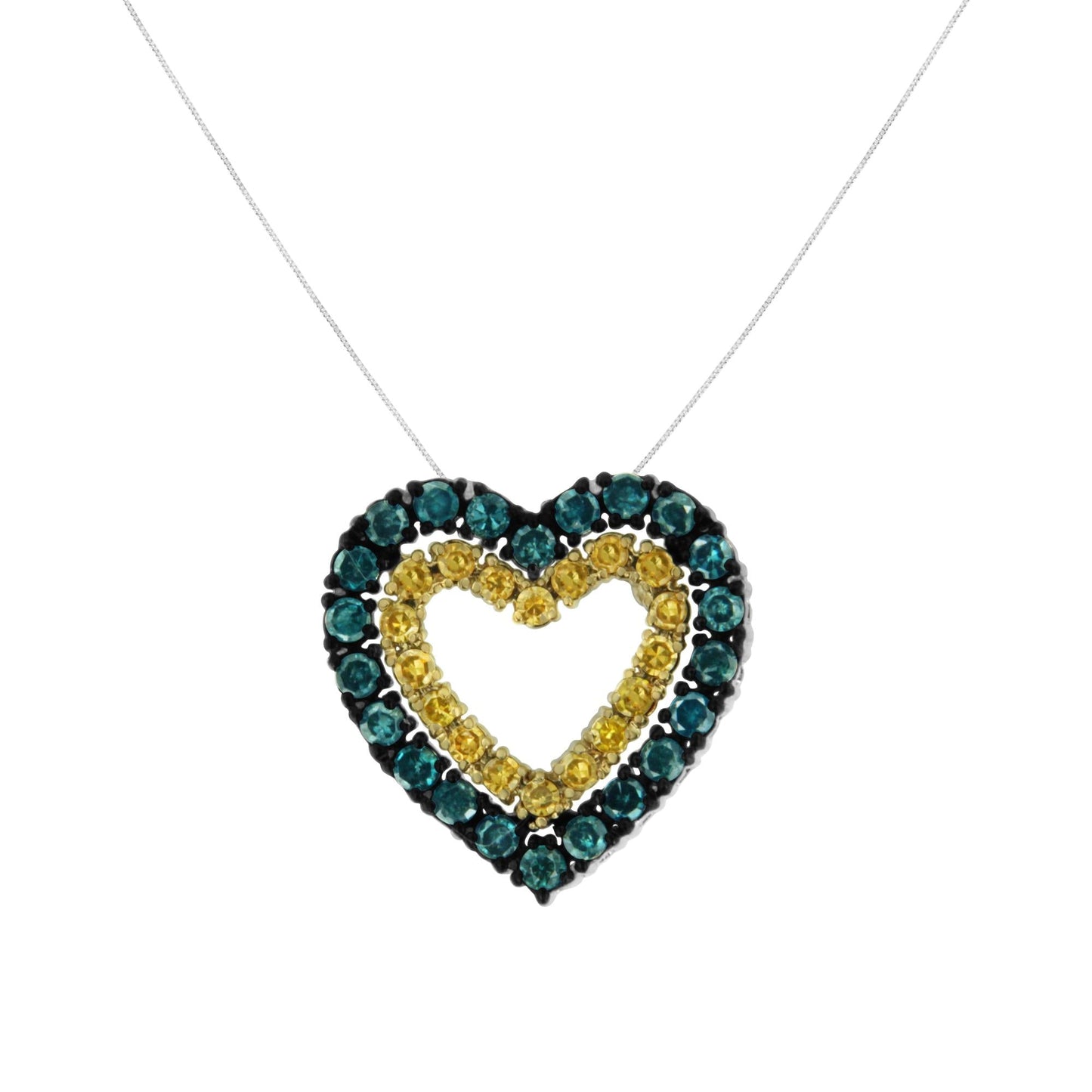 14K Yellow Gold Plated .925 Sterling Silver 1/2 cttw Color Treated Diamond Heart Pendant Necklace (Blue, Yellow, I2-I3 Clarity) - Size 18"