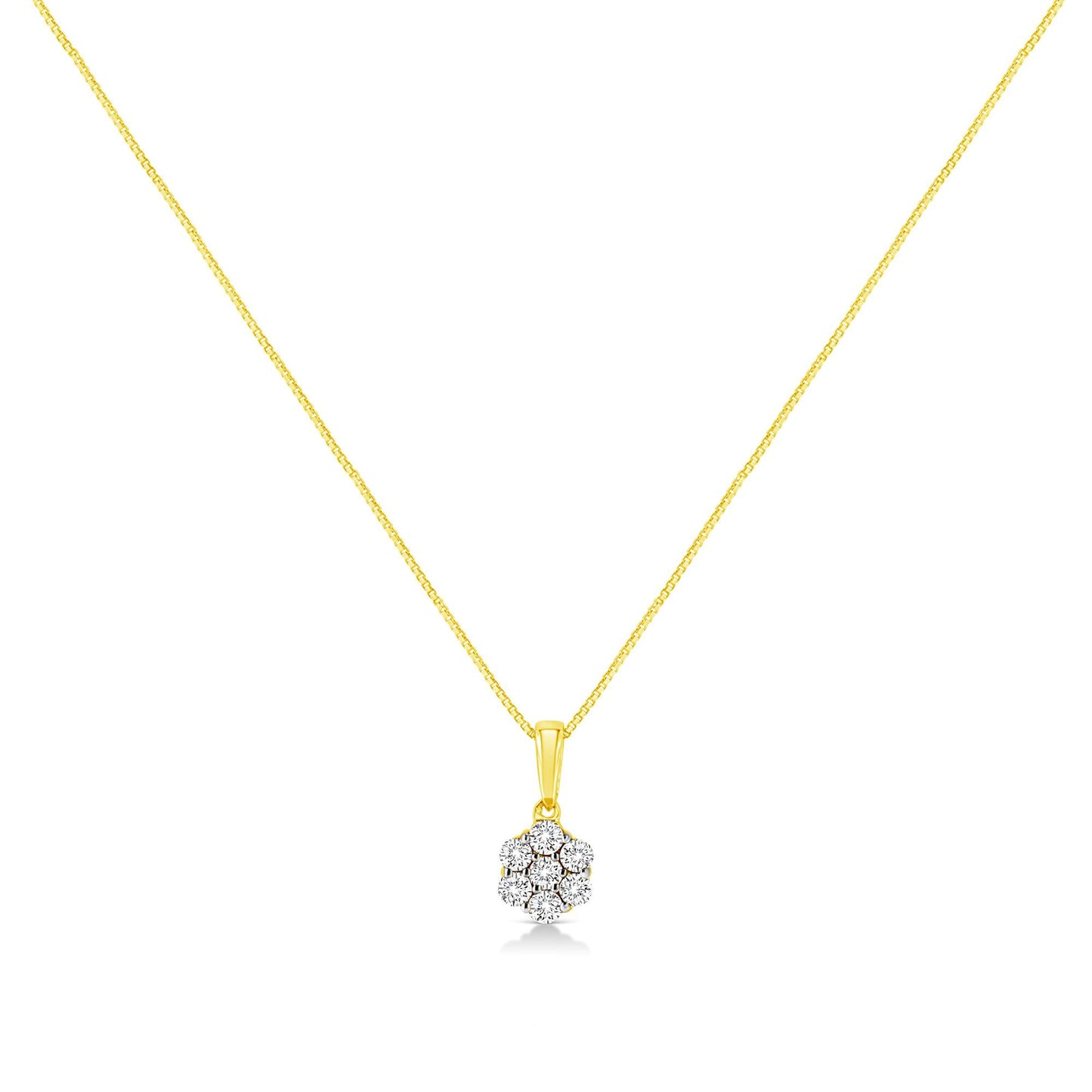 14K Yellow Gold 1/4 Cttw Prong Set Round-Cut Diamond 7 Stone Floral Cluster 18" Pendant Necklace (H-I Color, I1-I2 Clarity)