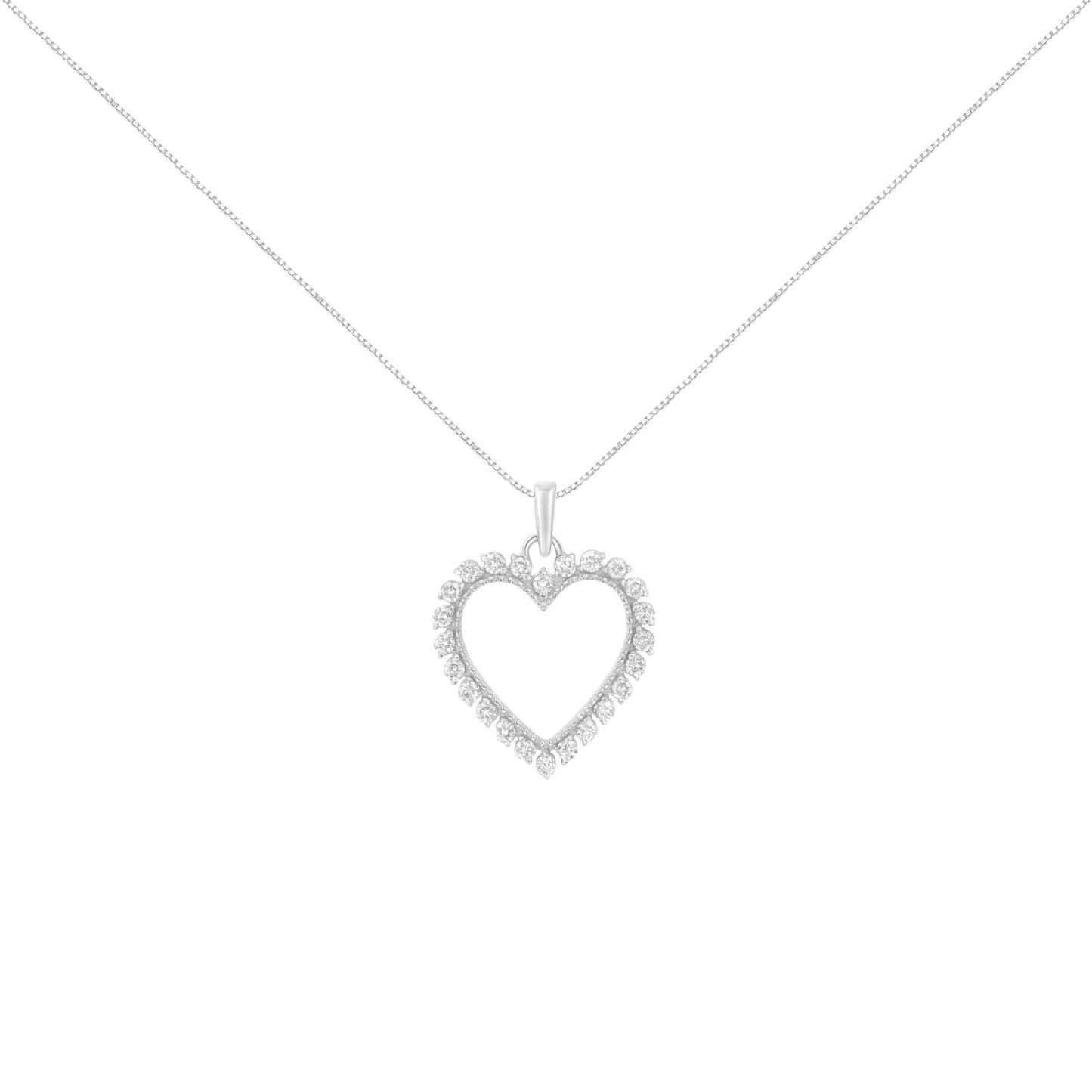 .925 Sterling Silver 1/2 Cttw Prong Set Diamond Encrusted Open Heart 18" Inch Pendant Necklace (I-J Color, I1-I2 Clarity)