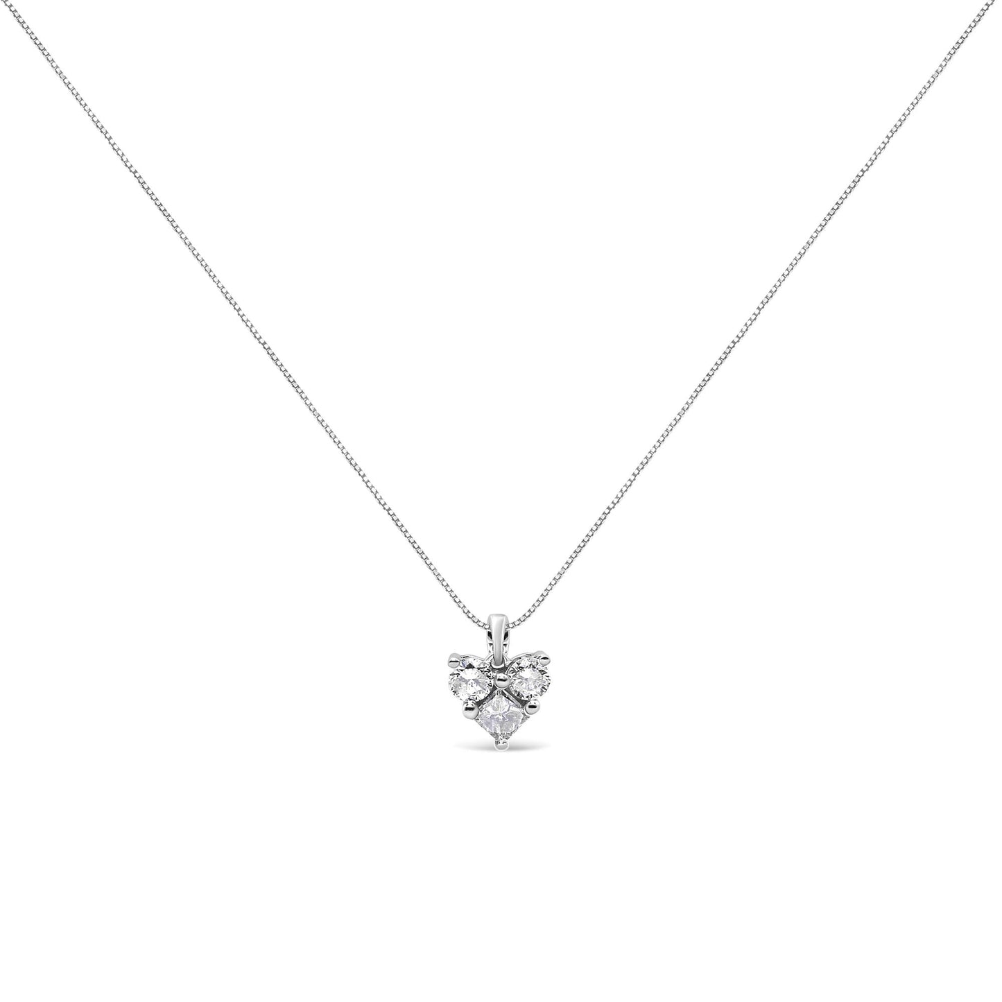 10K White Gold 1/4 Cttw Diamond 3 Stone Heart Shaped Pendant 18" Necklace (J-K Color, I1-I2 Clarity)