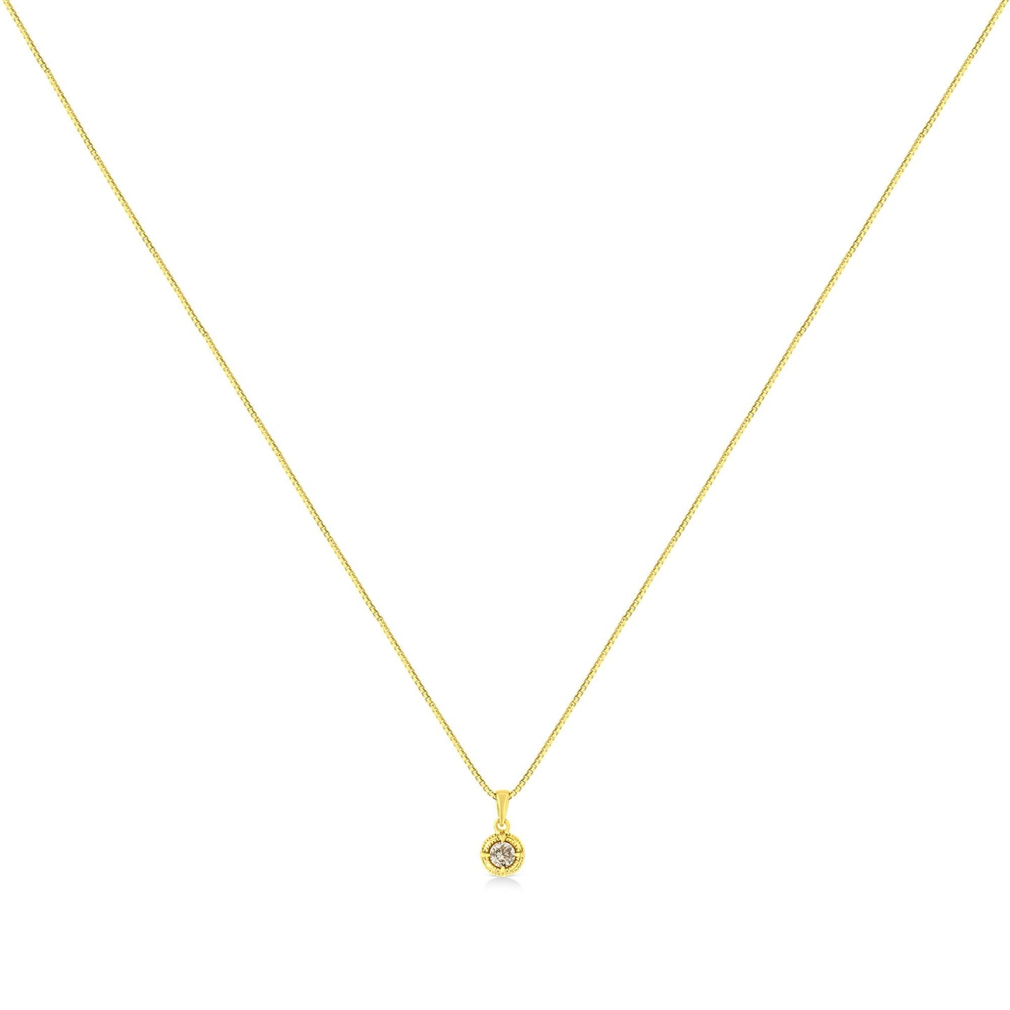 14K Yellow Gold Plated .925 Sterling Silver Brilliant Round Cut Diamond Solitaire Milgrain 18" Pendant Necklace