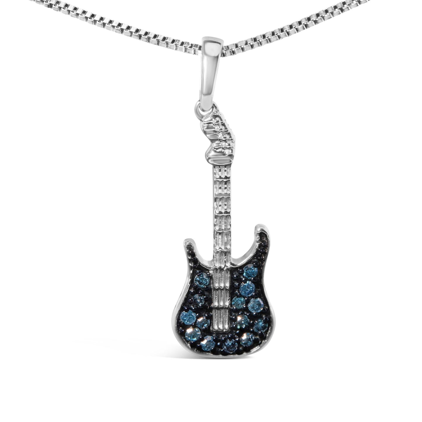 925 Sterling Silver 1/10 Cttw Treated  Diamond Guitar 18" Pendant Necklace (Blue Color, I2-I3 Clarity)