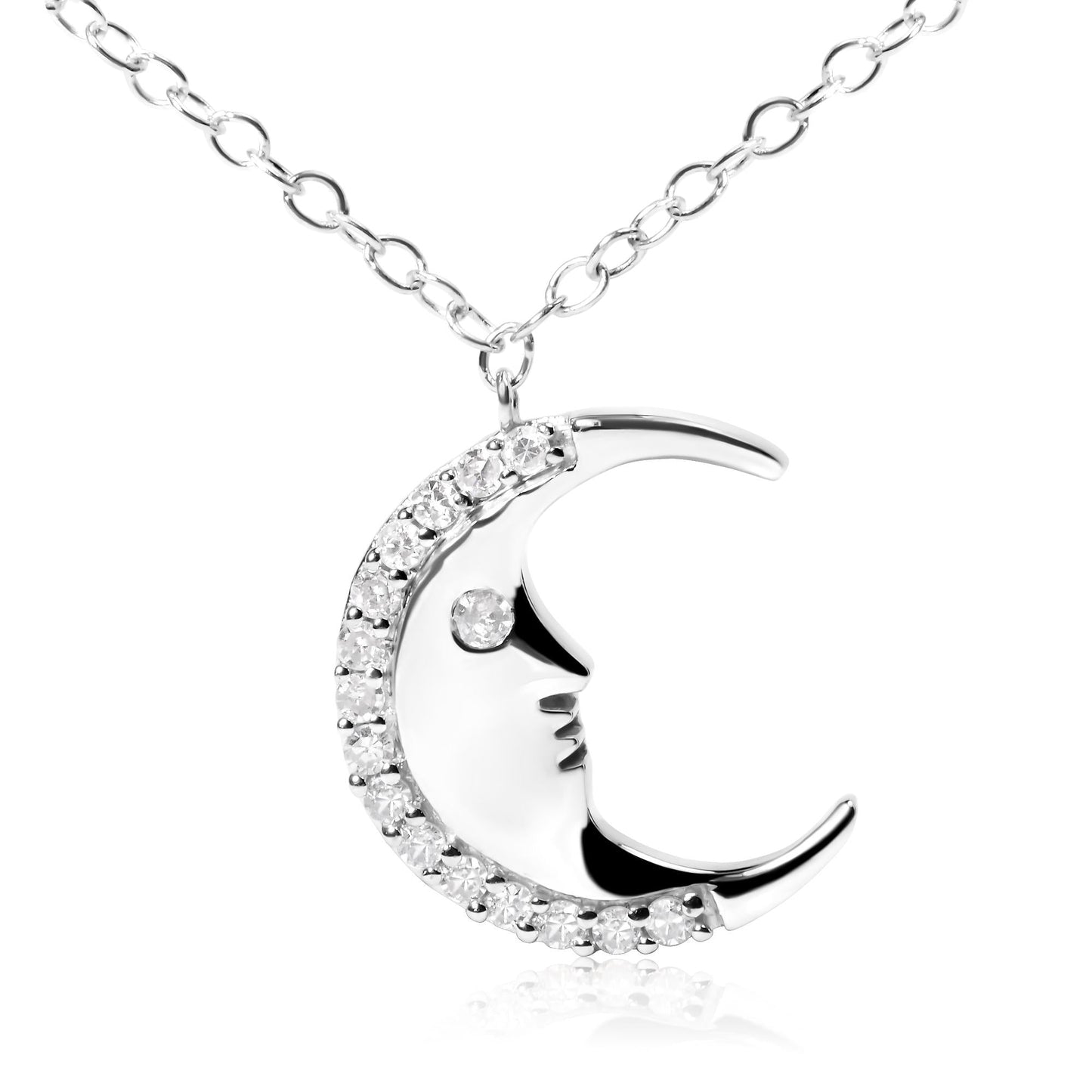 .925 Sterling Silver 1/10ct Diamond Crescent Man on the Moon 18" Pendant Necklace (H-I Color, SI1-SI2 Clarity)