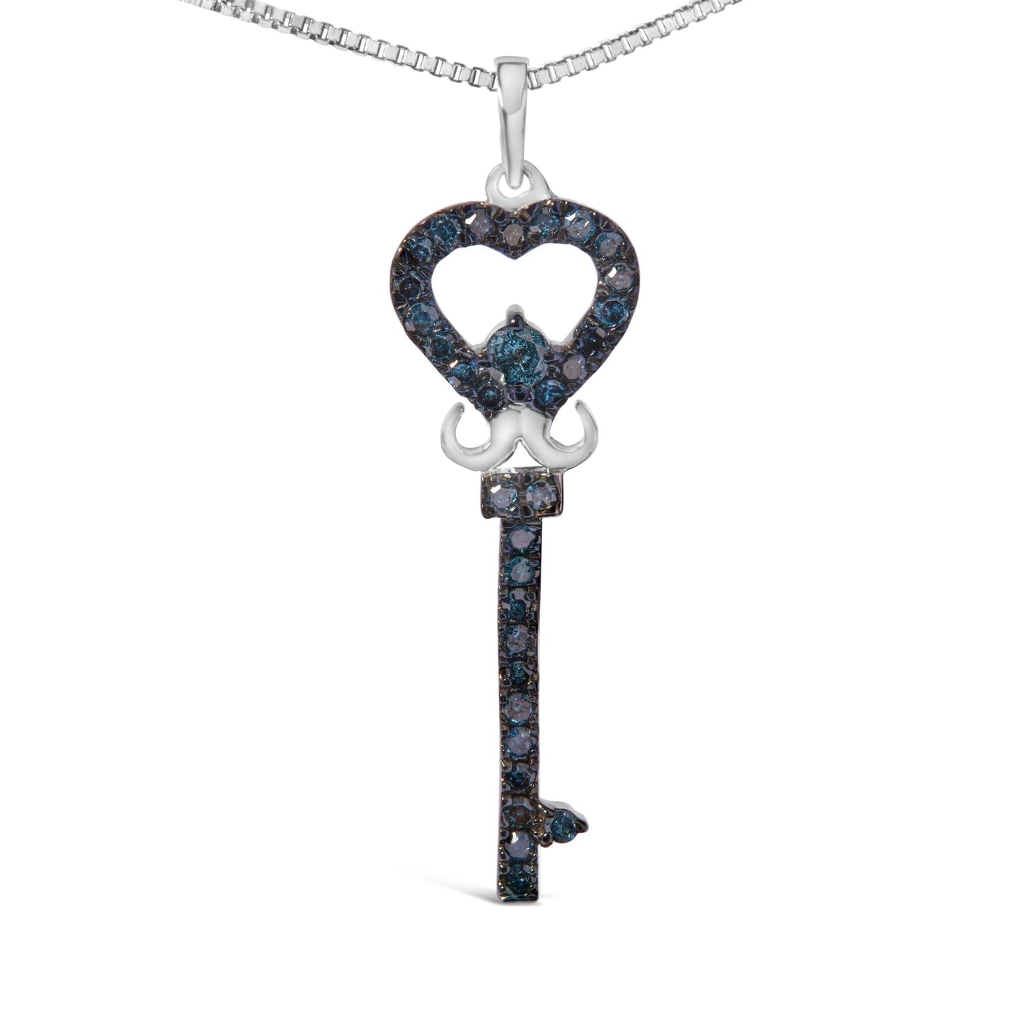 .925 Sterling Silver 1/3 Ctw Blue Diamond Studded Key 18" Pendant Necklace (Blue Color, I2-I3 Clarity)