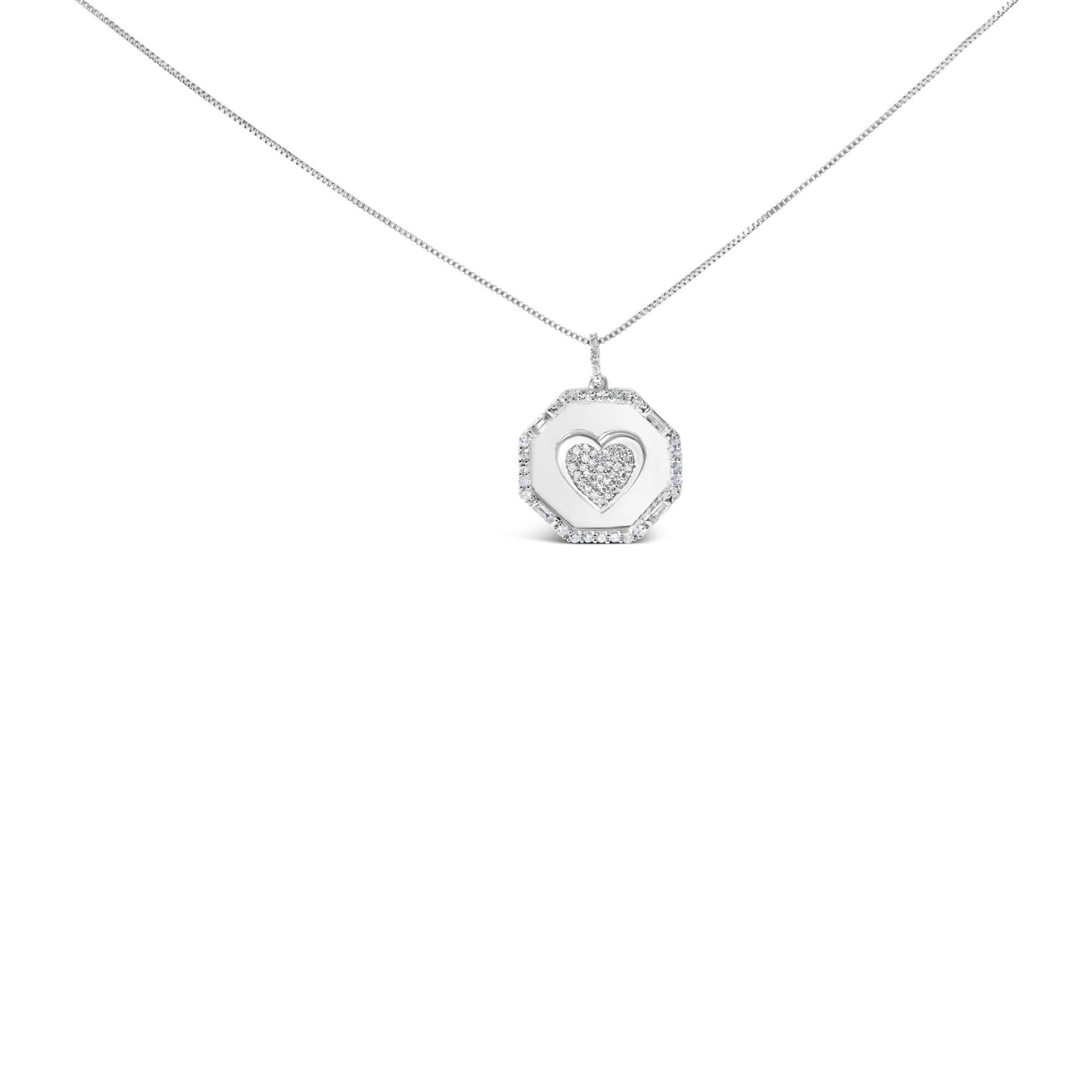 .925 Sterling Silver 5/8 Cttw Diamond Mirror Plate with Heart and Diamond Halo 18" Pendant Necklace (H-I Color, I2-I3 Clarity)