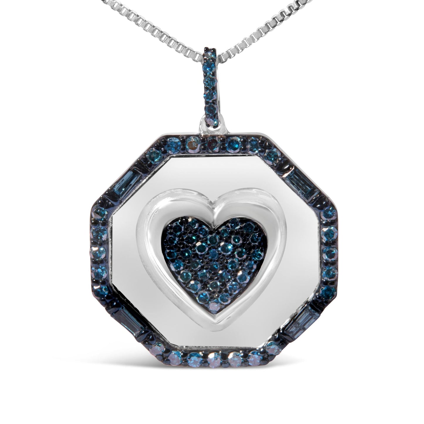 .925 Sterling Silver 5/8 Cttw Blue Diamond Mirror Plate with Heart and Diamond Halo 18" Pendant Necklace (Blue Color, I2-I3 Clarity)