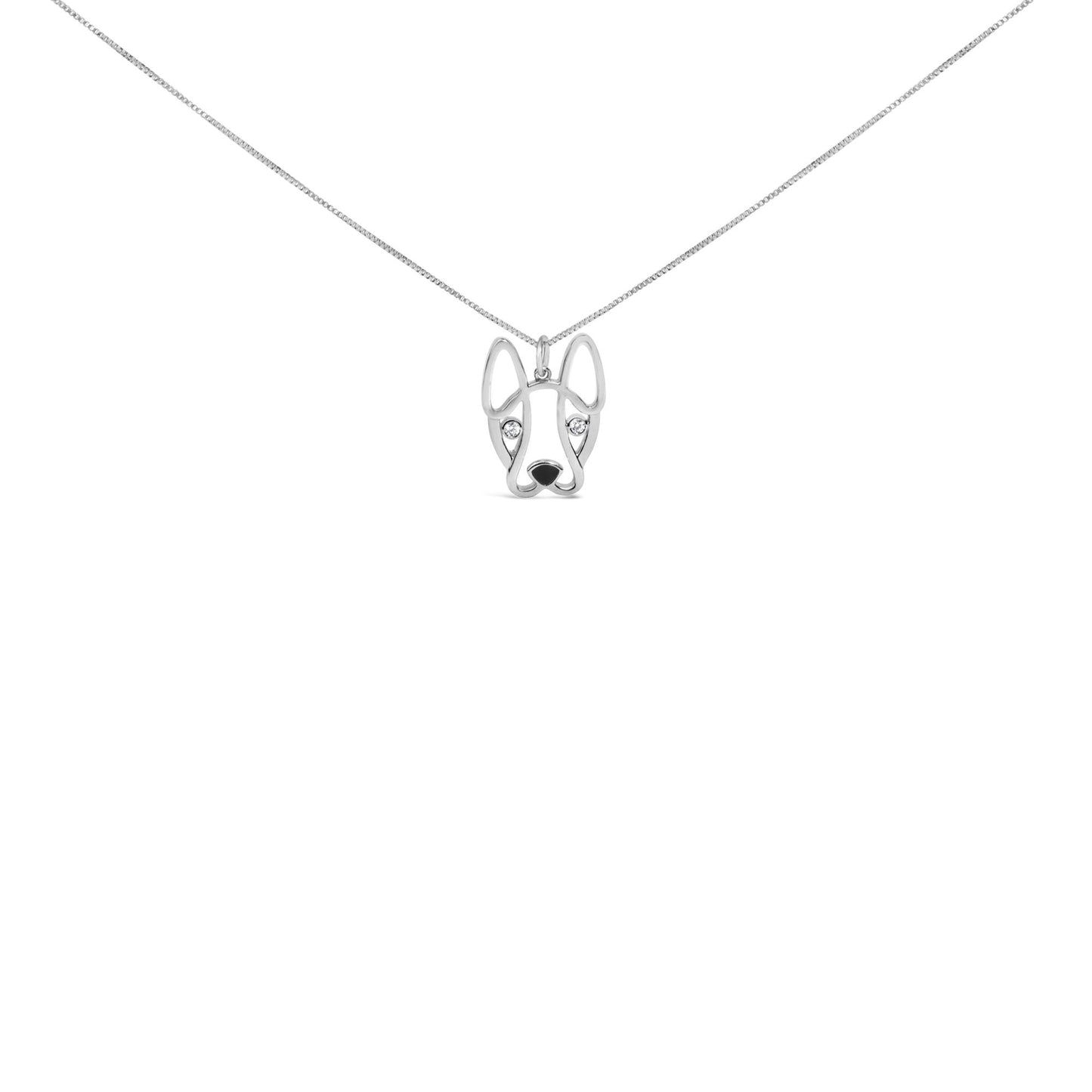 .925 Sterling Silver Diamond Accent and Black Enamel French Bullldog 18" Inch Pendant Necklace inch (I-J Color, I2-I3 Clarity)