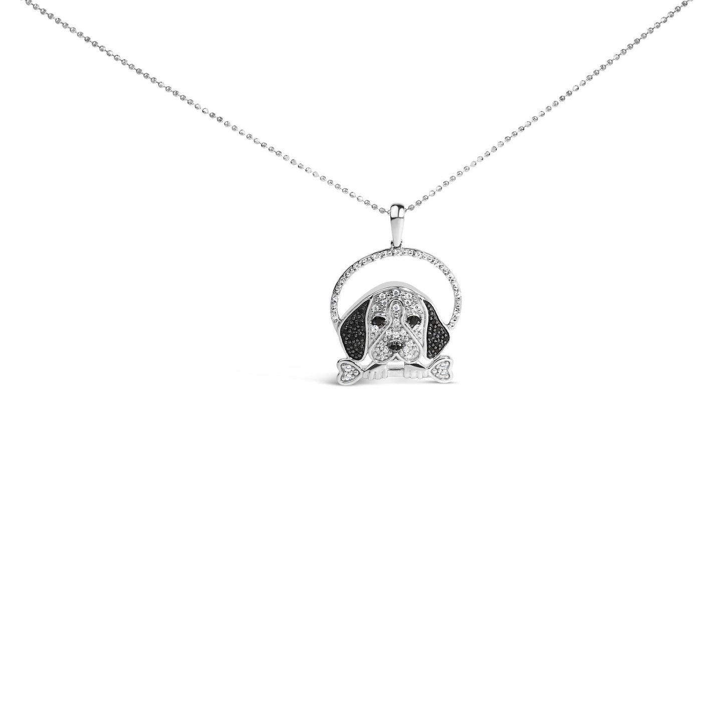 .925 Sterling Silver 1/4 Cttw White and Black Diamond Beagle Dog and Bone Pendant Necklace (I-J Color, I2-I3 Clarity) - 18" Inches