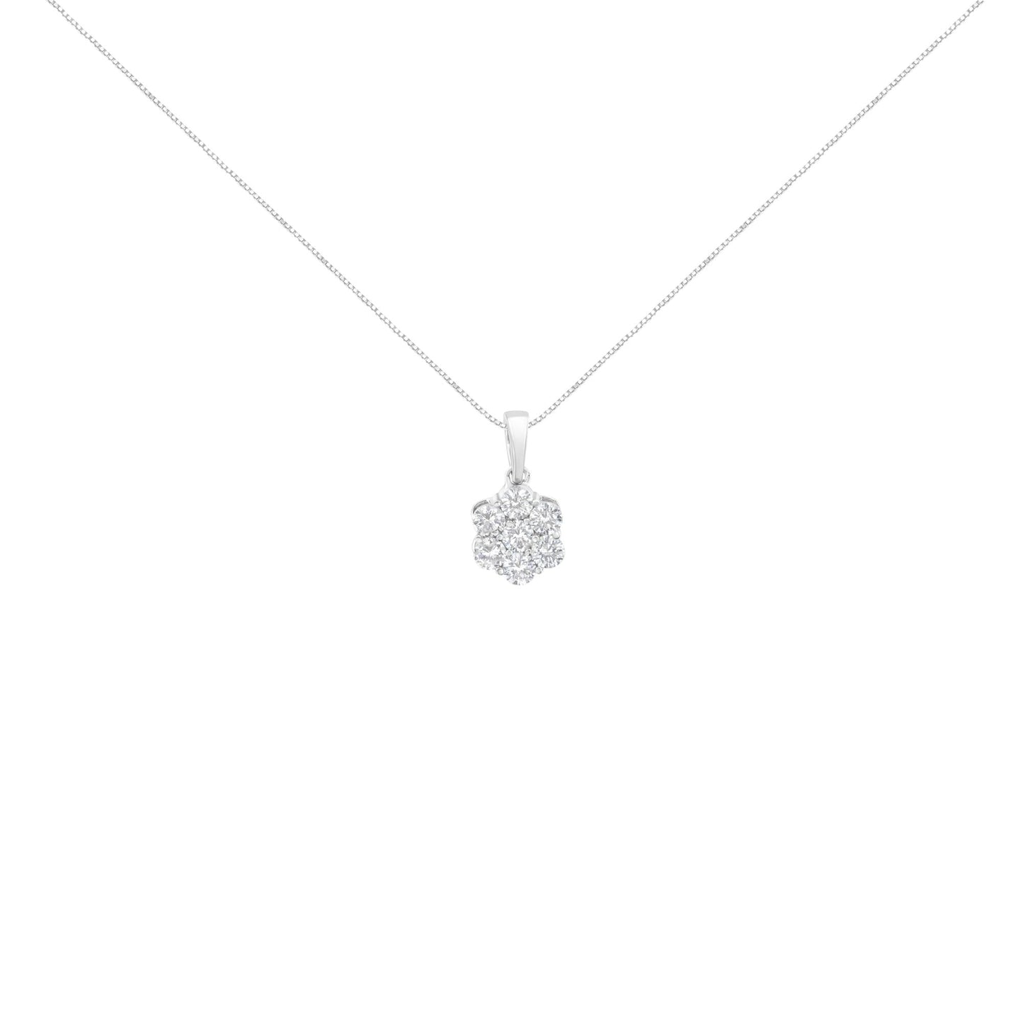 .925 Sterling Silver 1 cttw Diamond 7 Stone Flower Cluster 18" Pendant Necklace (I-J Clarity, I1-I2 Color) - 18"